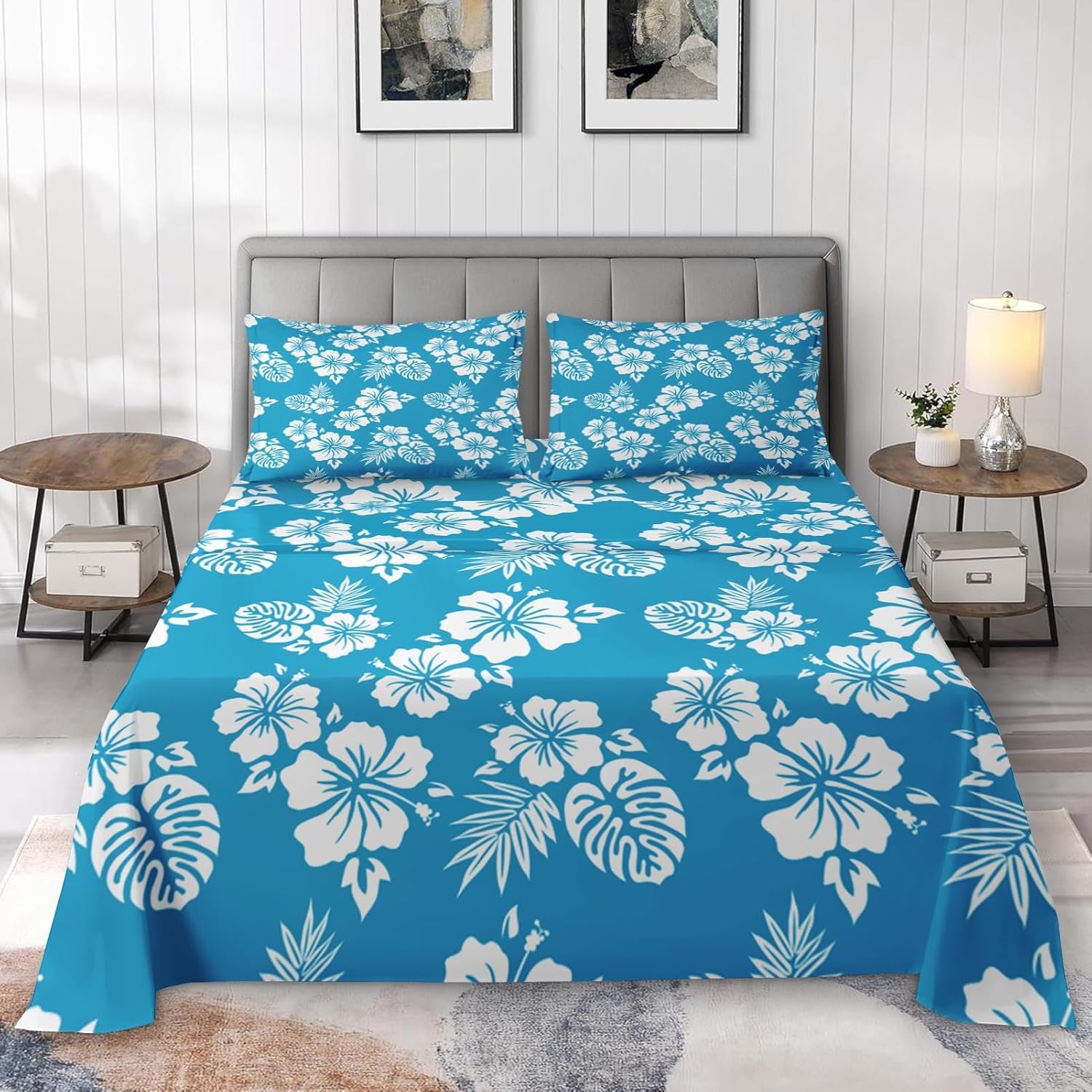 Pamnest King Size Microfiber Sheet Set with Hibiscus Pattern