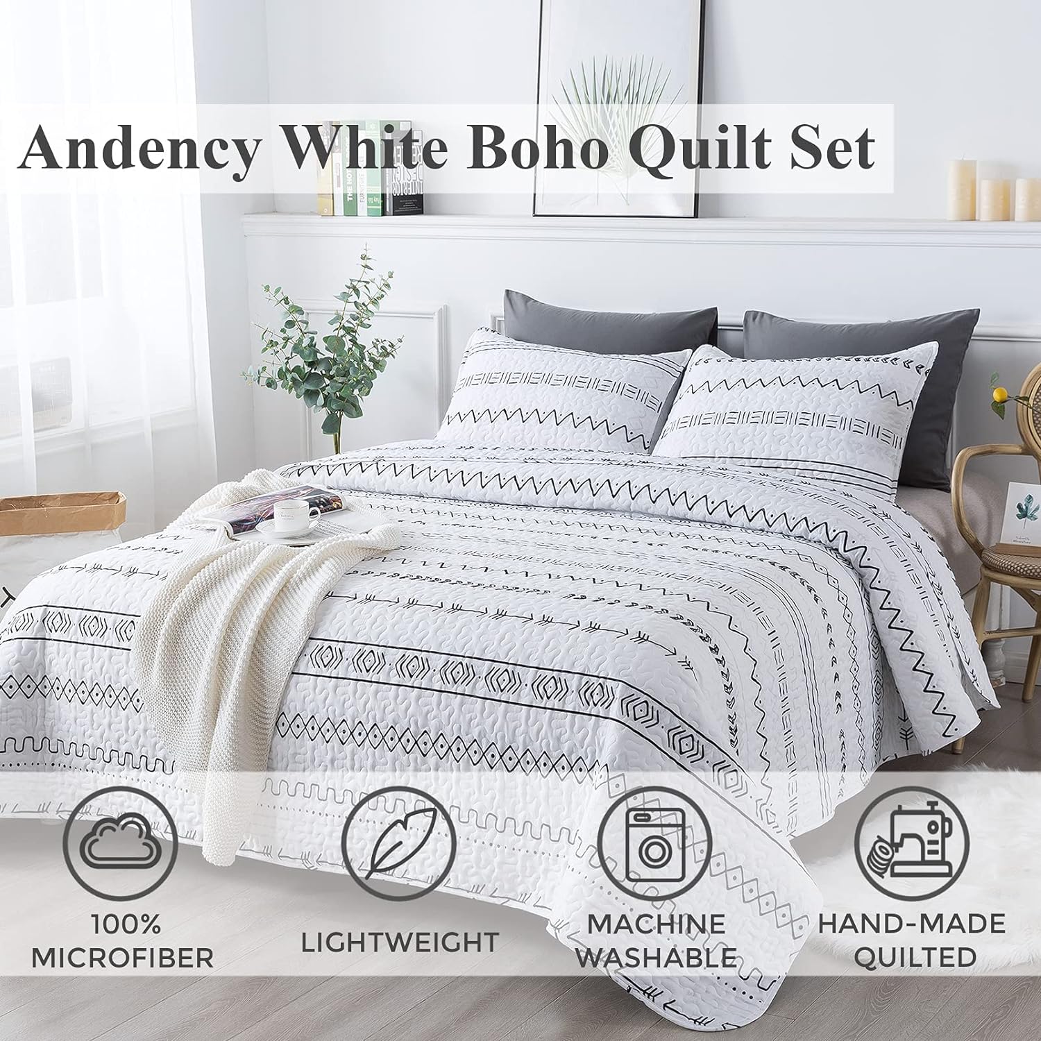 Andency White Boho Quilt Set California King 3Pcs