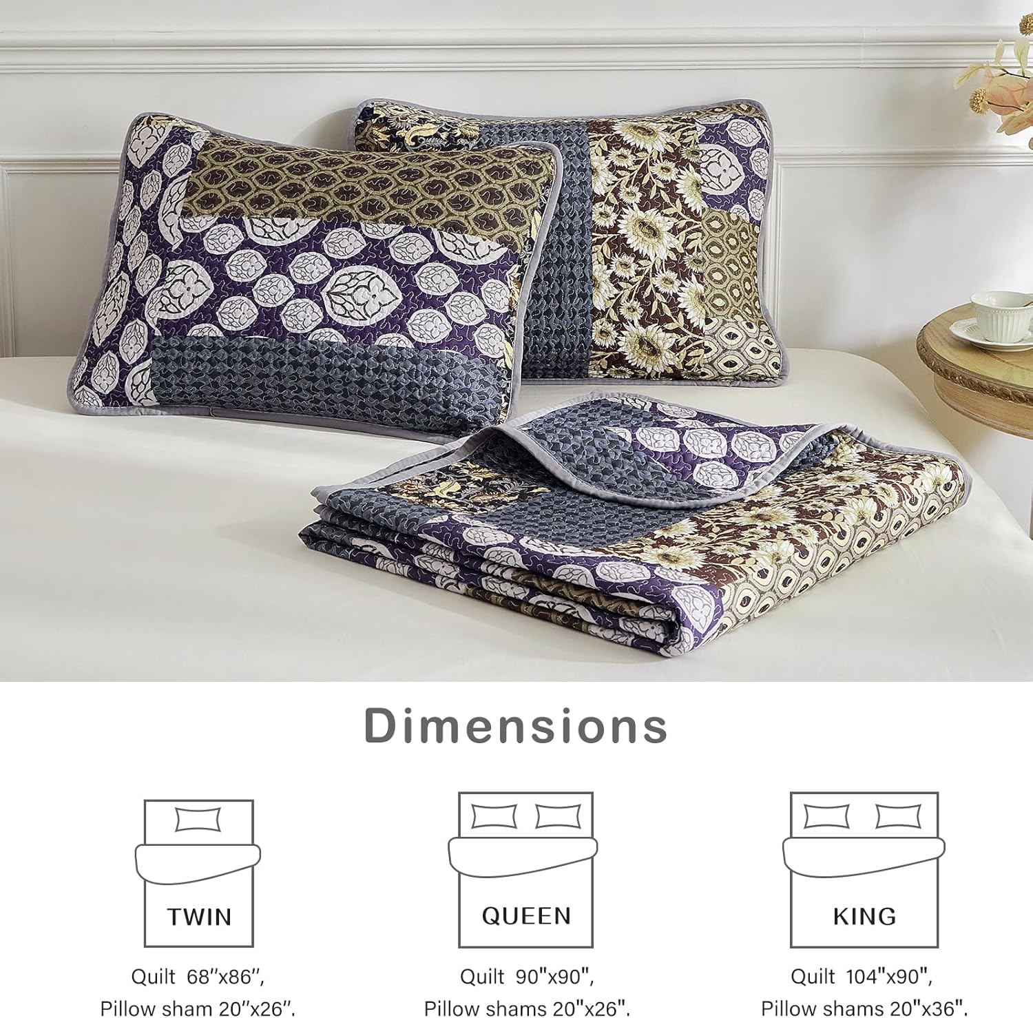 Flysheep 3-Piece Patchwork Quilt Set Khaki Blue Farmhouse Bedspread