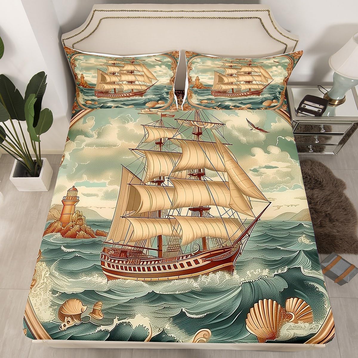 Manfei Nautical Kids Fitted Sheet Set - Blue Beige Ocean Adventure