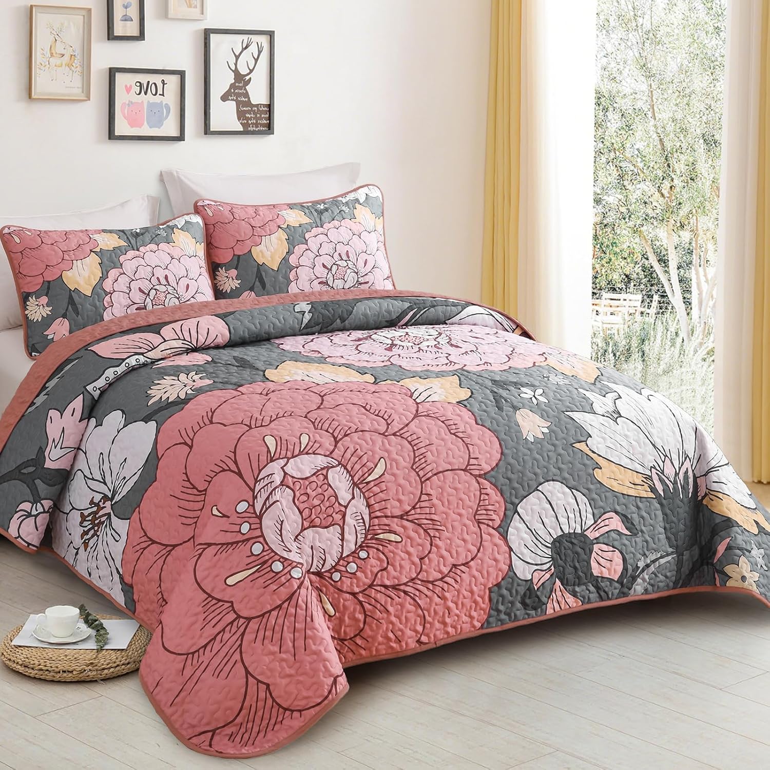 DJY Floral Quilt Set King Size Grey and Pink 1
