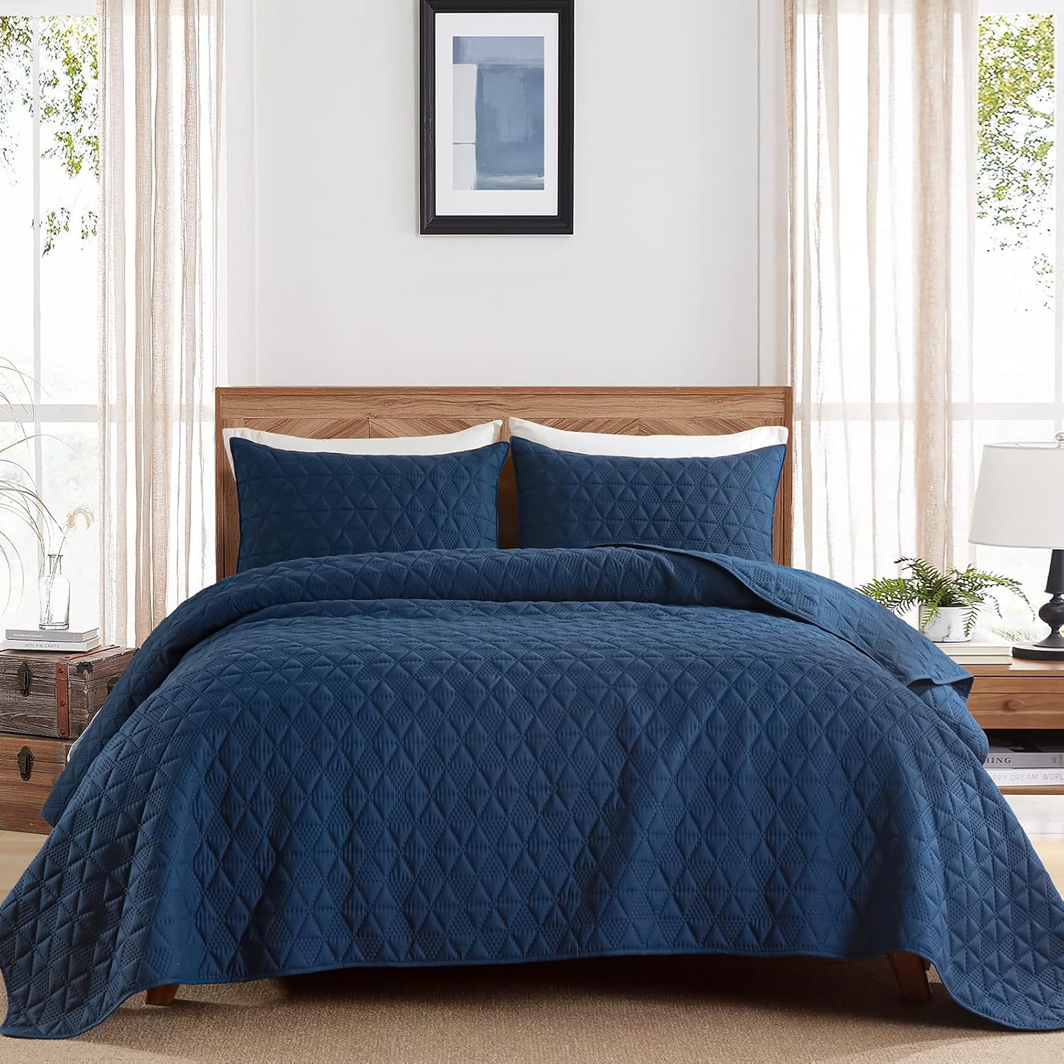 DJY Navy Blue King Size Quilt Set with Pillow Shams