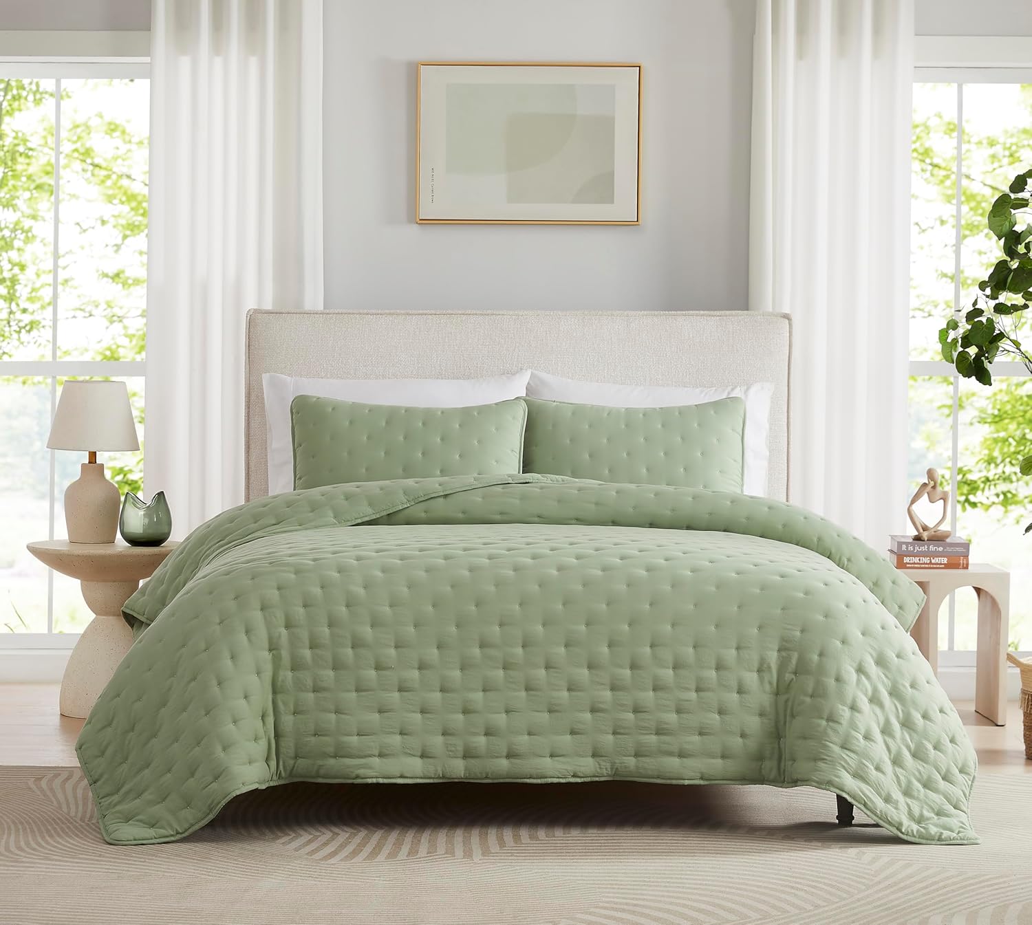 WDCOZY Sage Green Cloud Cal King Quilt Set