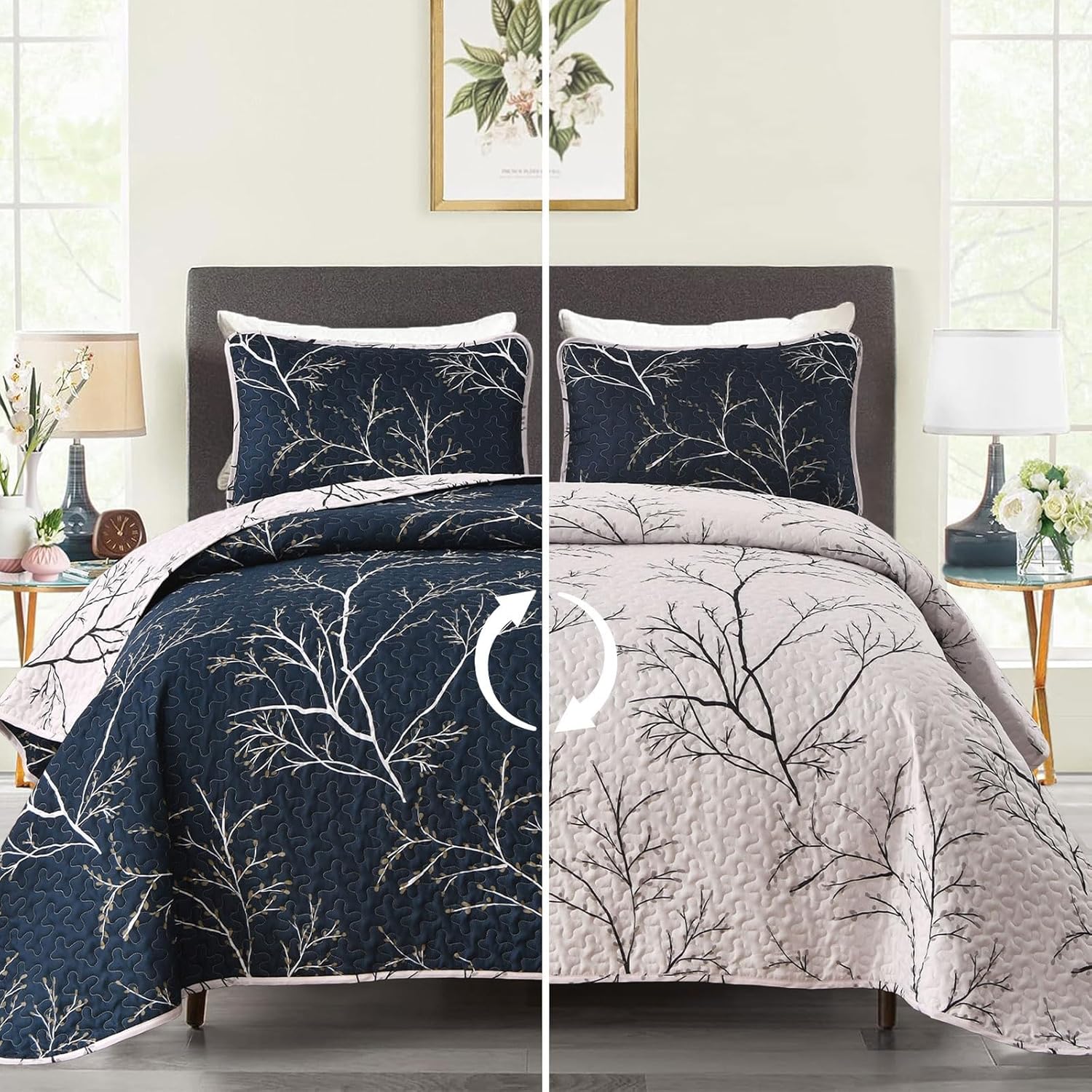 DJY 3 Piece Navy Floral Reversible Quilt Set