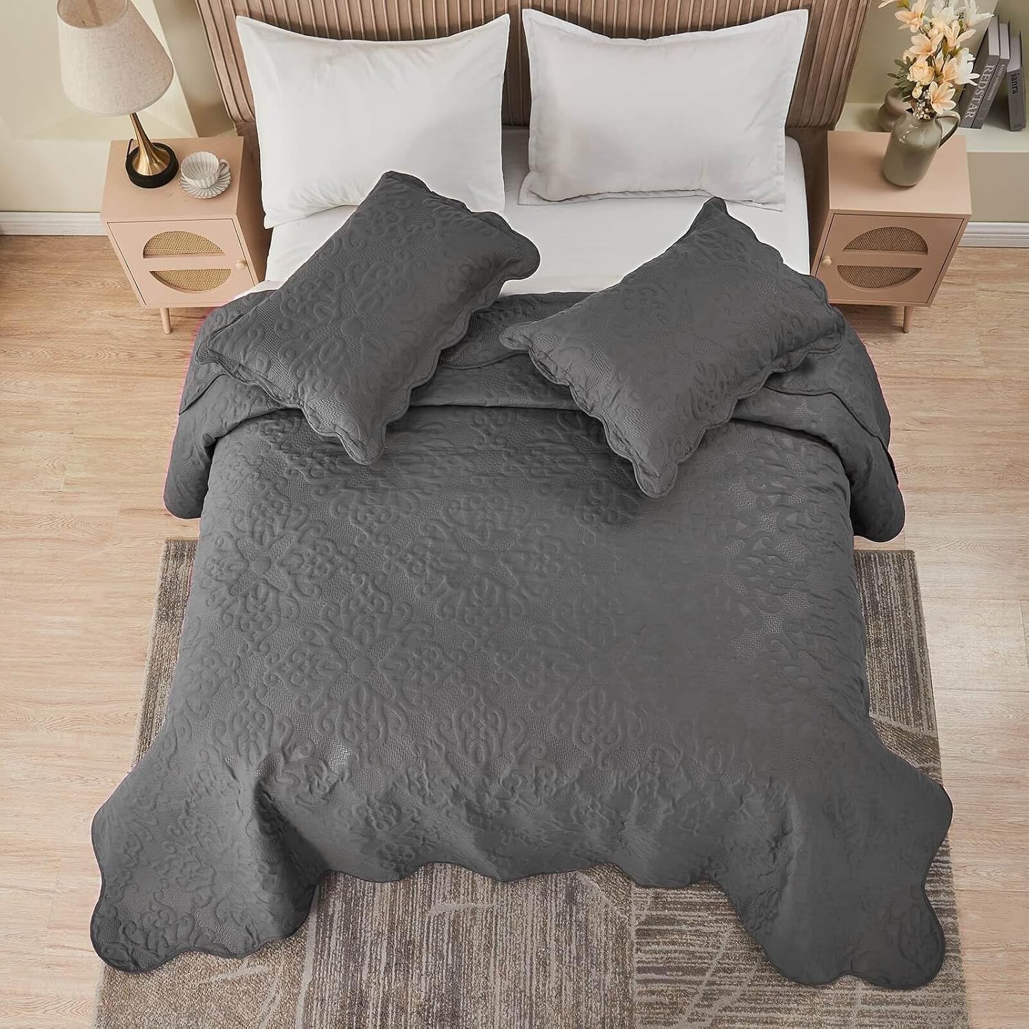 Kingnex Oversized King Bedspread Set Dark Grey 1