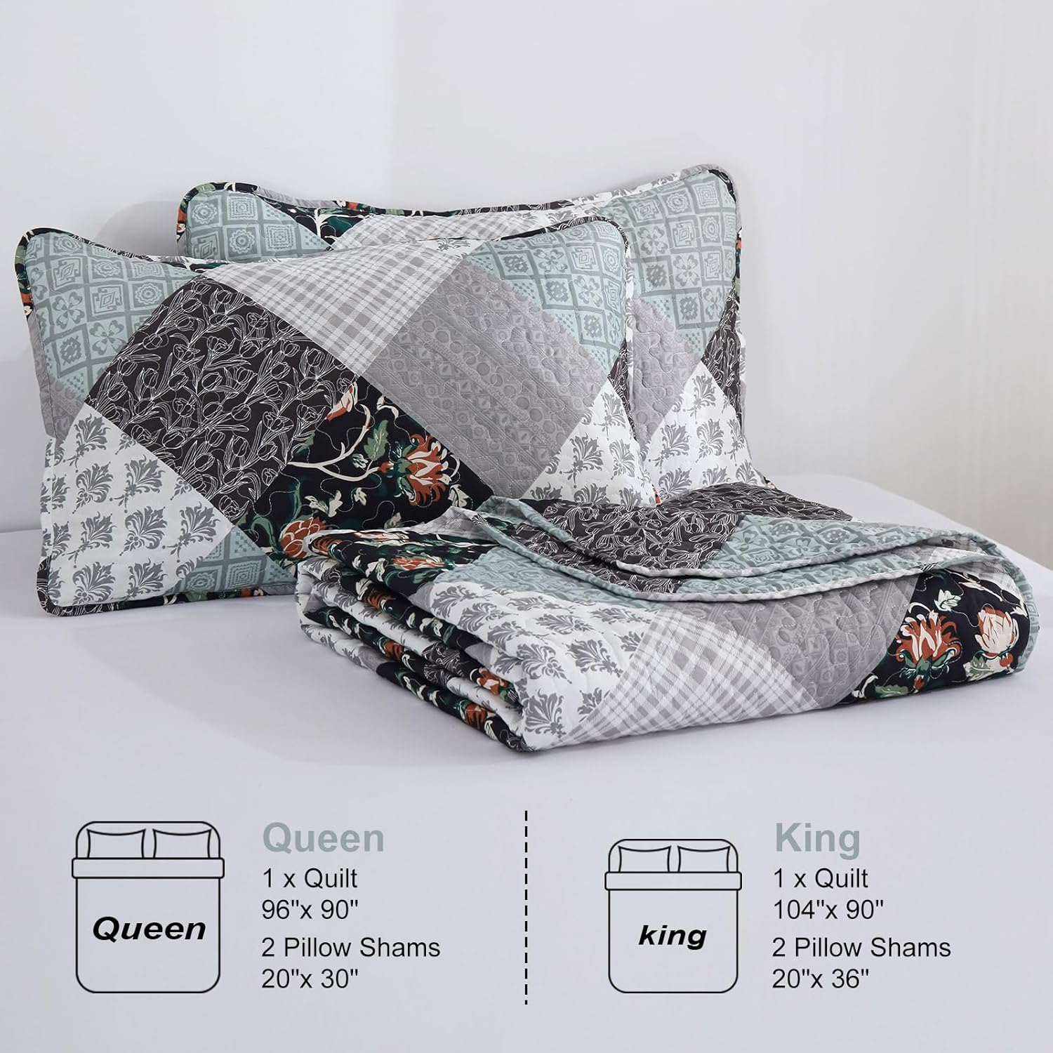Xruibed Plaid Patchwork Quilt Set Queen 3 Pieces