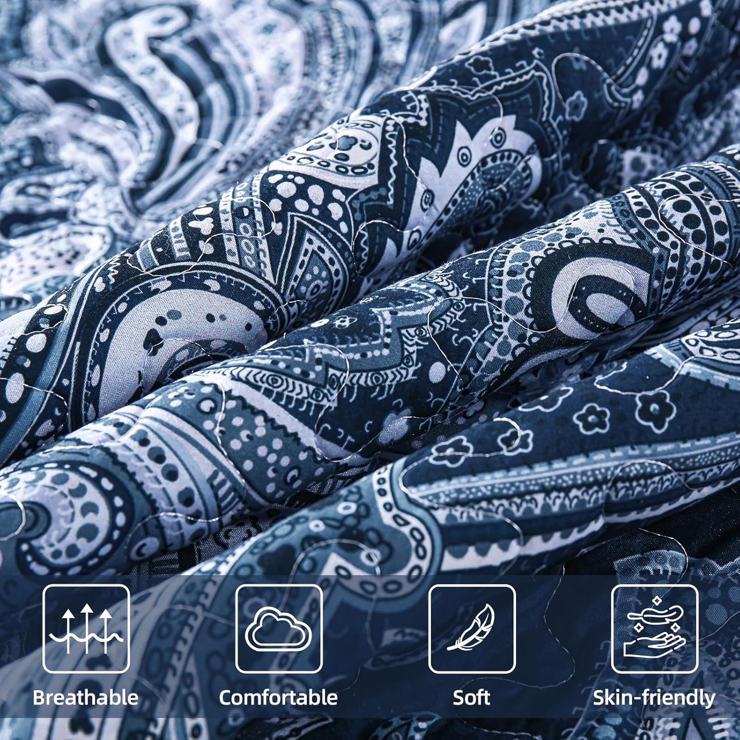 DJY Navy Paisley Queen Quilt Set 3 pcs