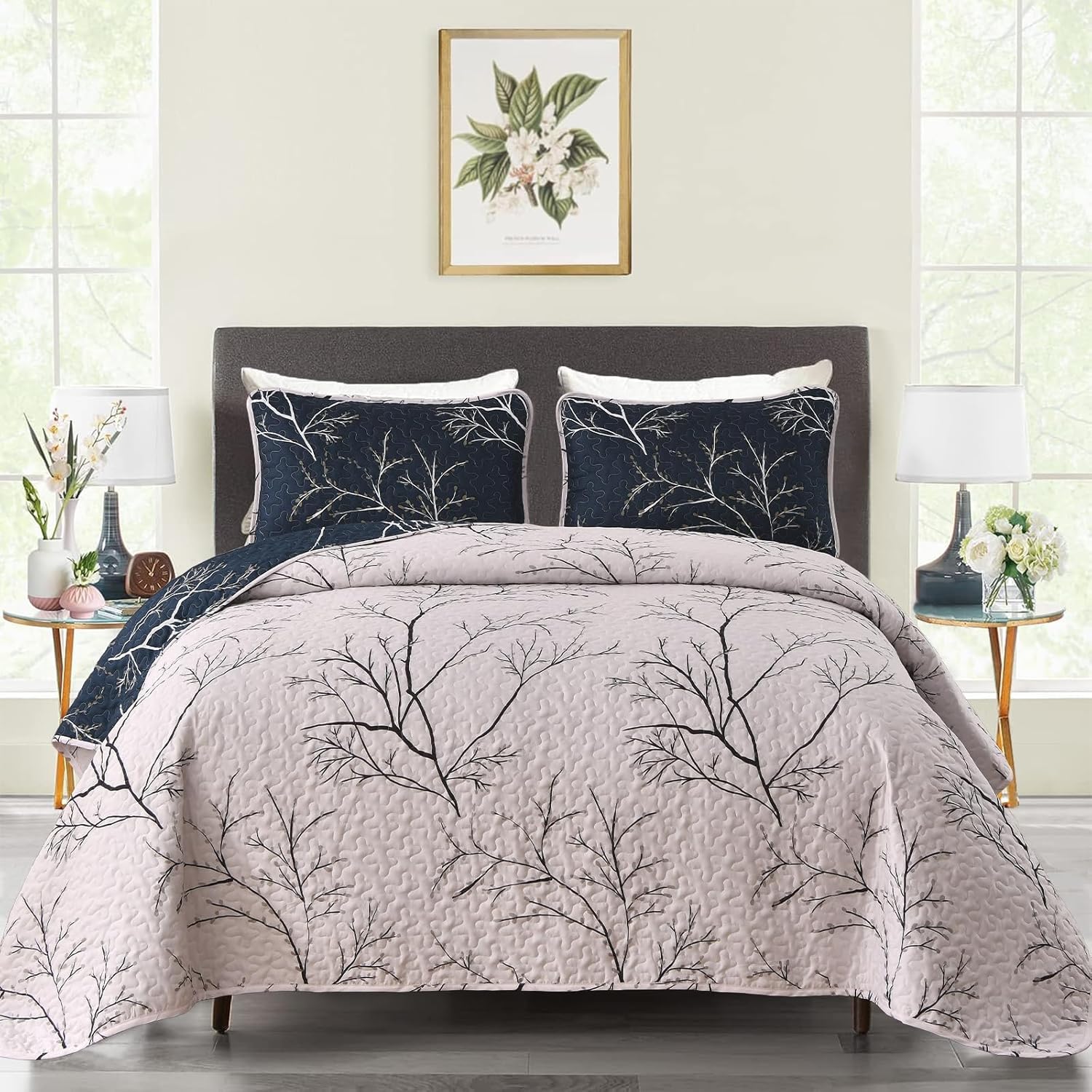 DJY 3 Piece Navy Floral Reversible Quilt Set