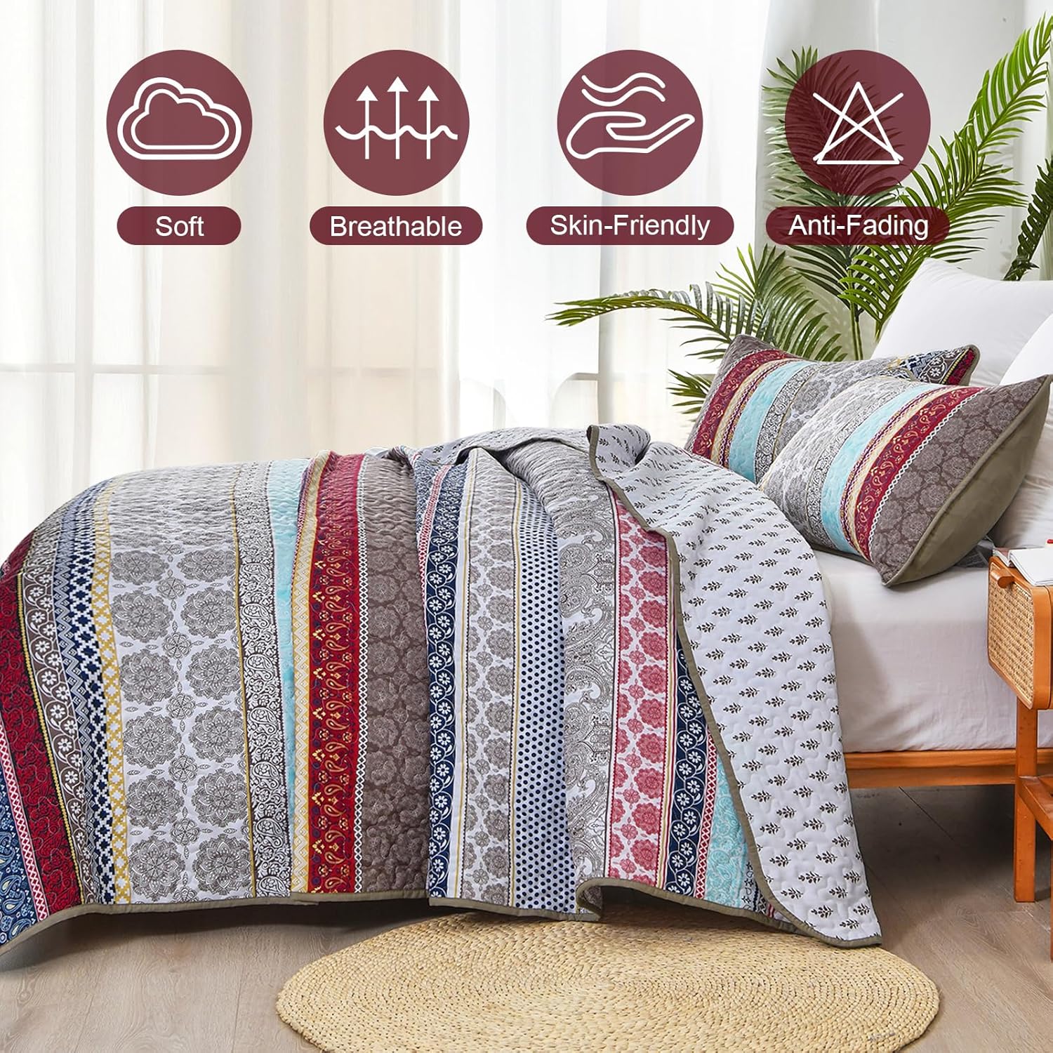 WONGS BEDDING Boho Queen Quilt Set 3 Piece