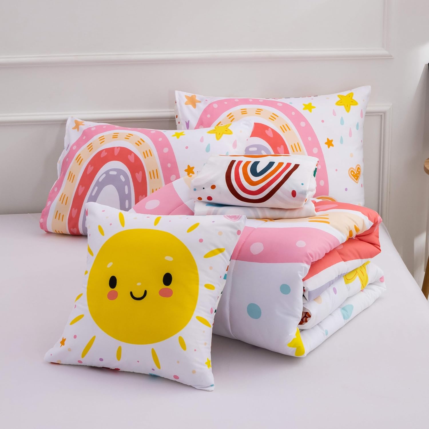 Btargot 5 Piece Pink Rainbow Comforter Set for Kids