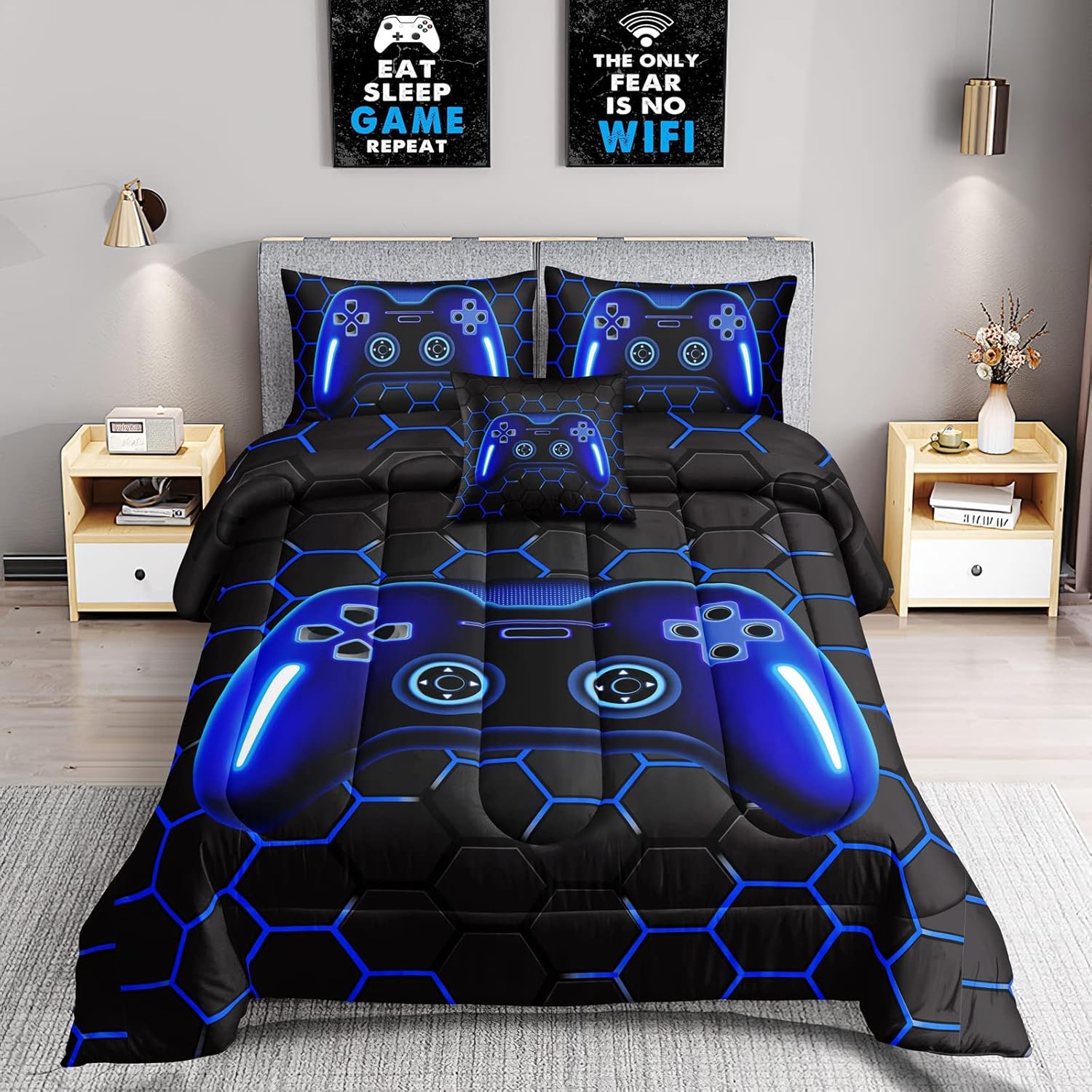 ROWADALO 6 Piece Gamer Bed in A Bag Set Queen Size