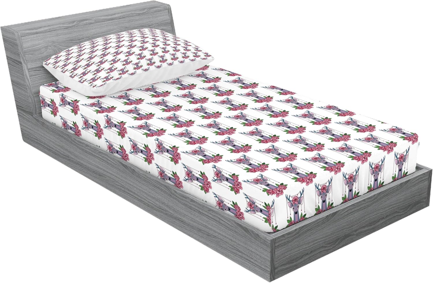 Ambesonne Deer Head Sheet Pillow Sham Set Mauve Coral Green