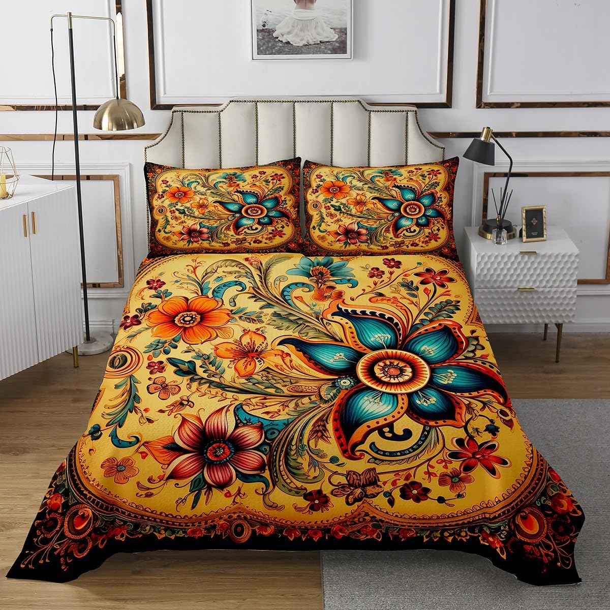 Erosebridal Boho Floral Quilt Set Twin 68x90