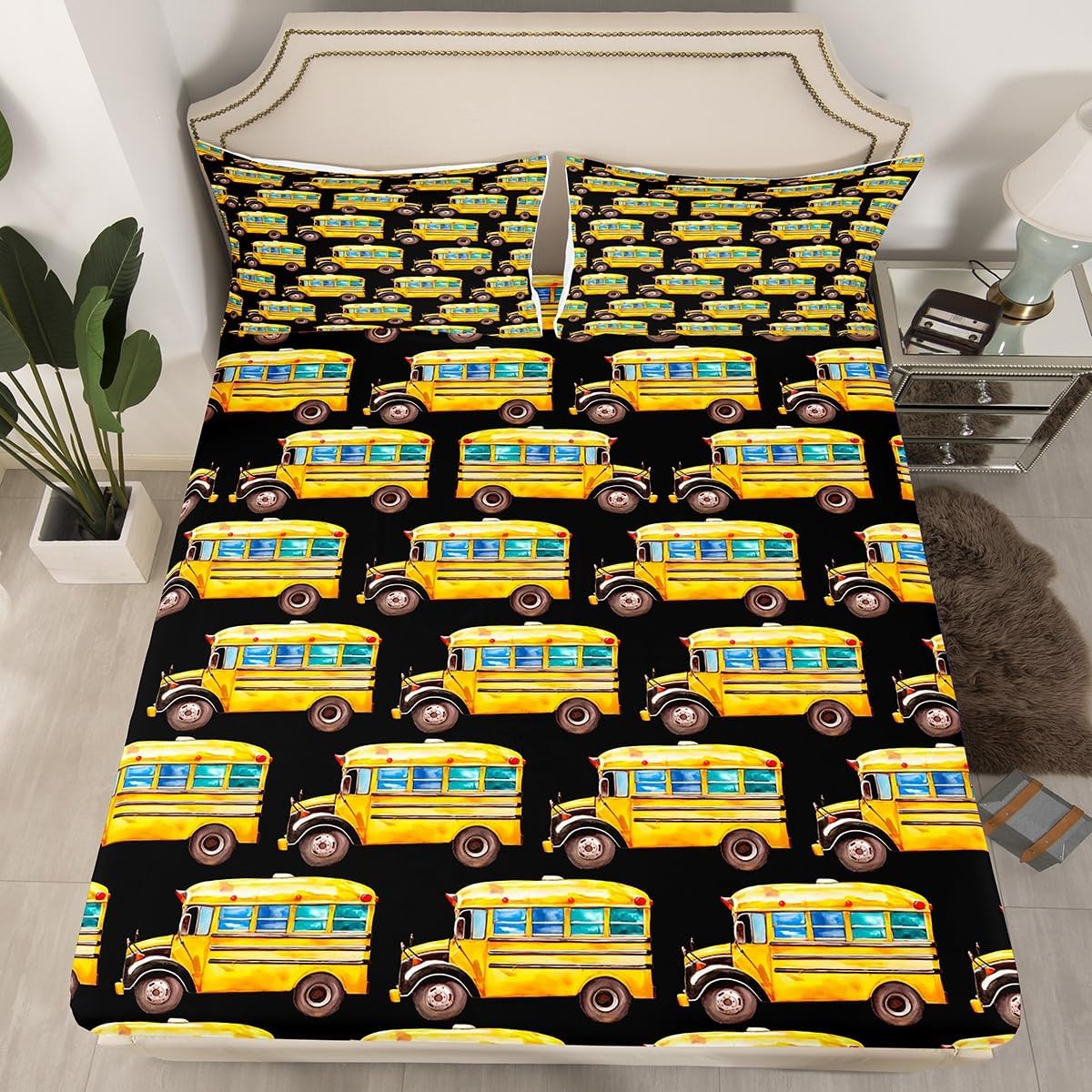 Erosebridal Yellow School Bus Bed Sheet Set King Size 1