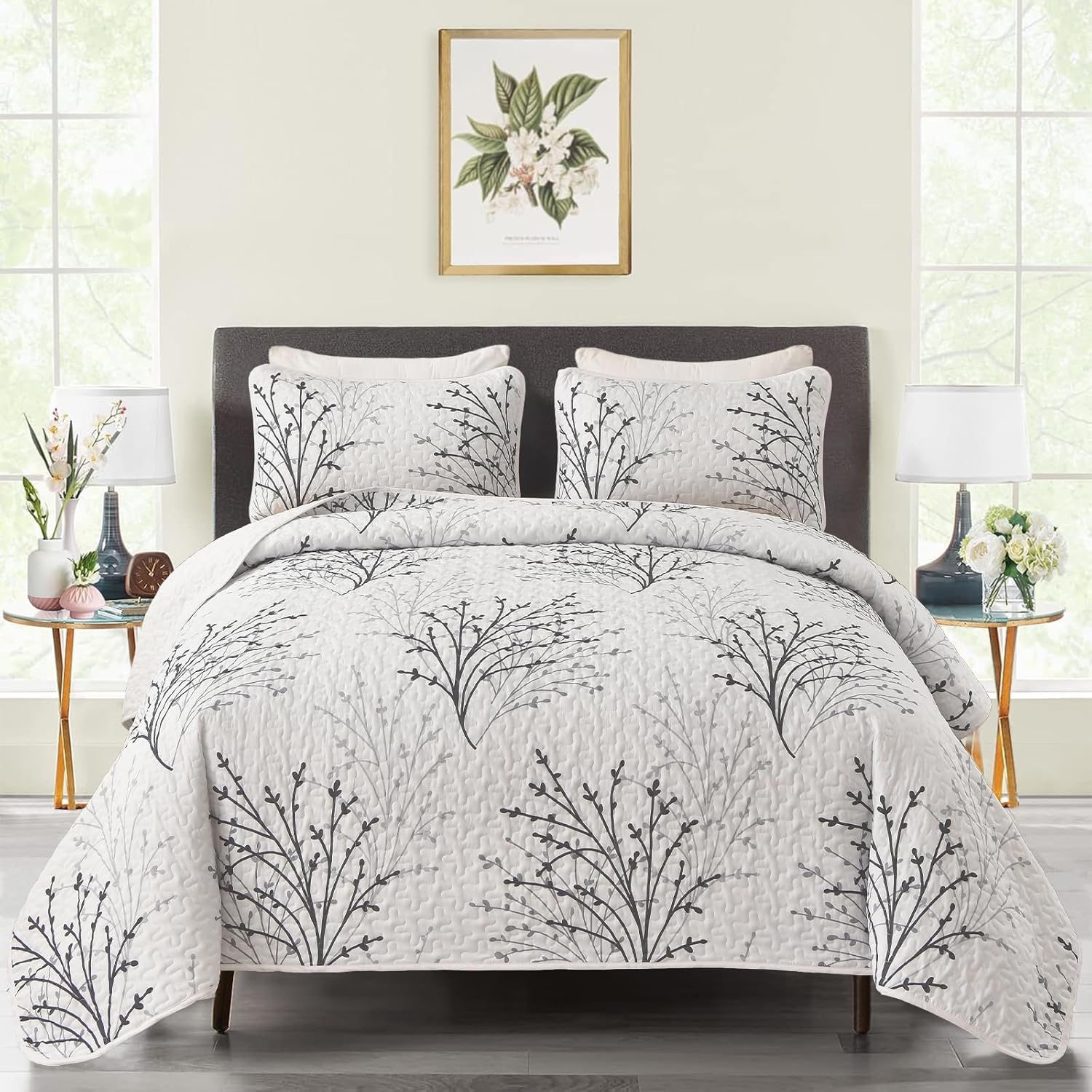 DJY White Botanical Quilt Set Queen Size 3 Piece