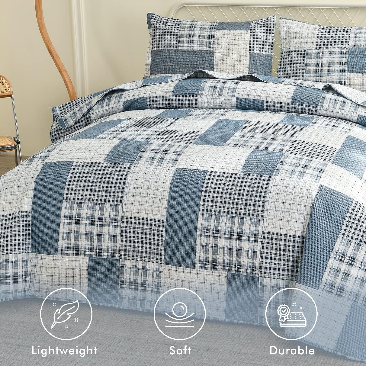 CHESITY 3 Piece Plaid Quilt Set Queen Size