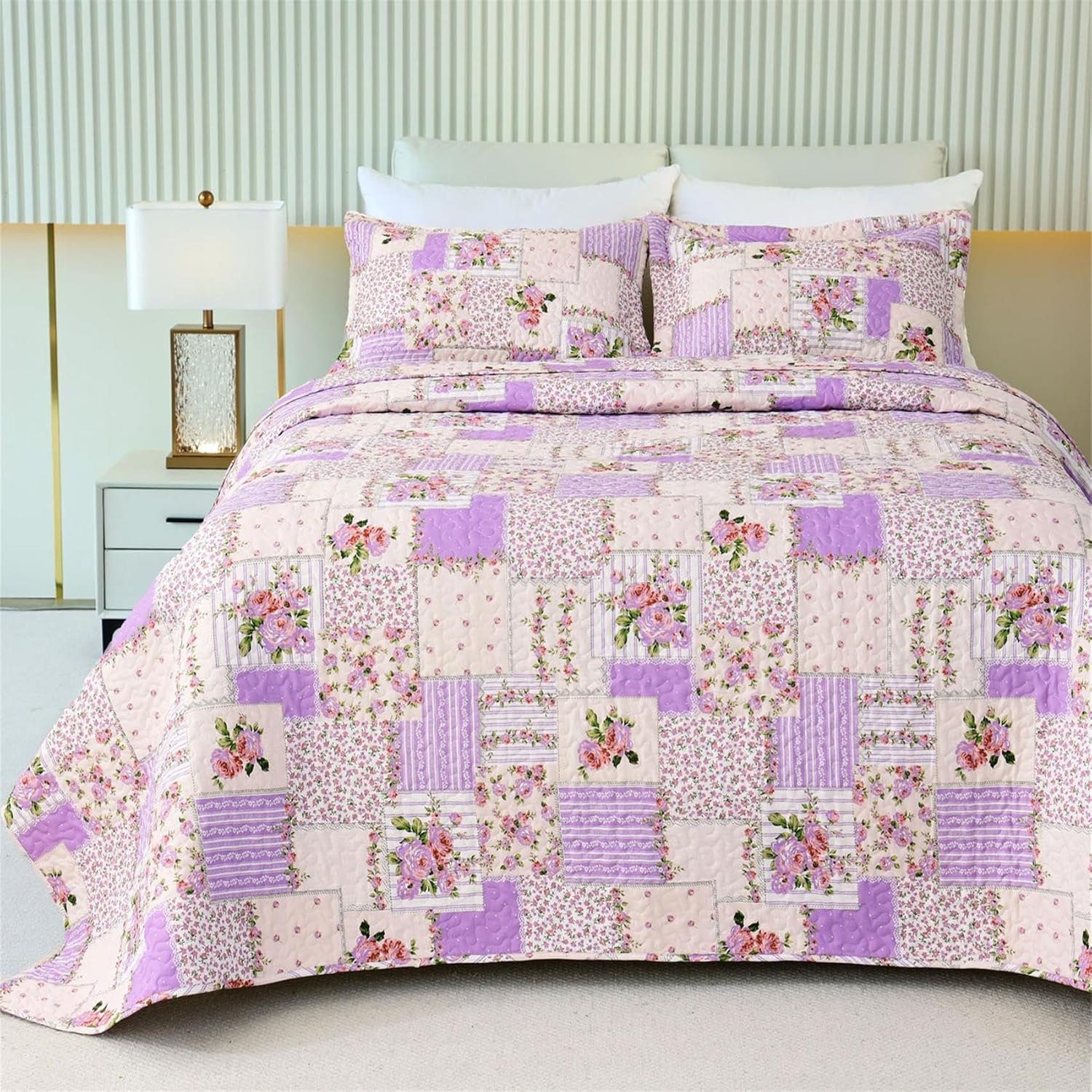 Cmfshape Reversible Lilac Floral Quilt Set