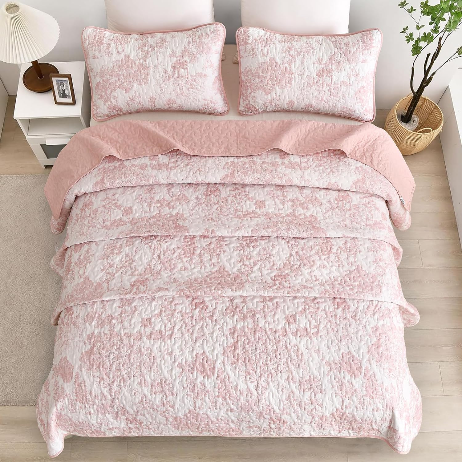 WONGS BEDDING Queen Size Quilt Set 3 Pieces Pink Floral