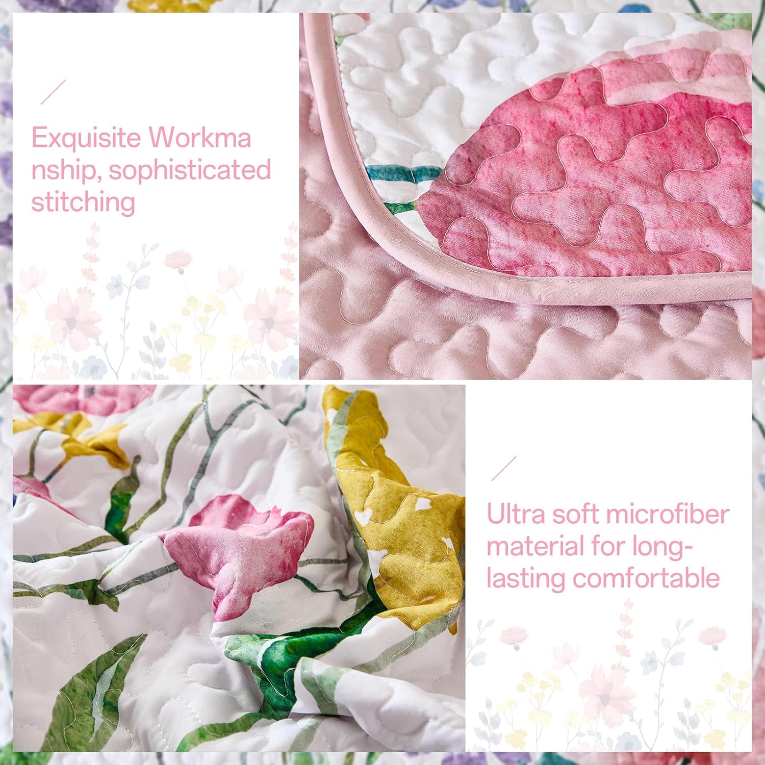 Anibedding Queen Quilt Set with Reversible Pink Floral Design