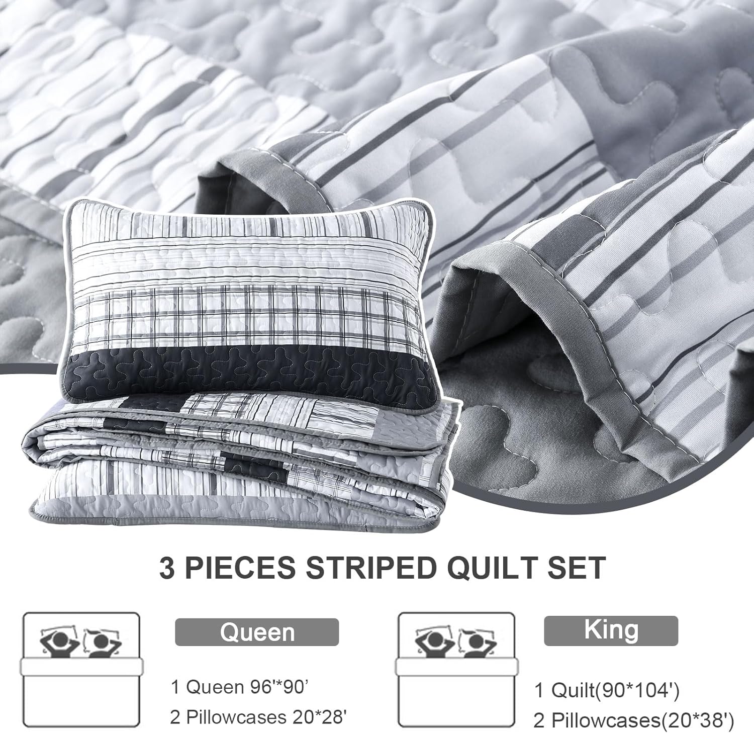DJY Grey Boho Stripe Quilt Set 3 Piece King Size