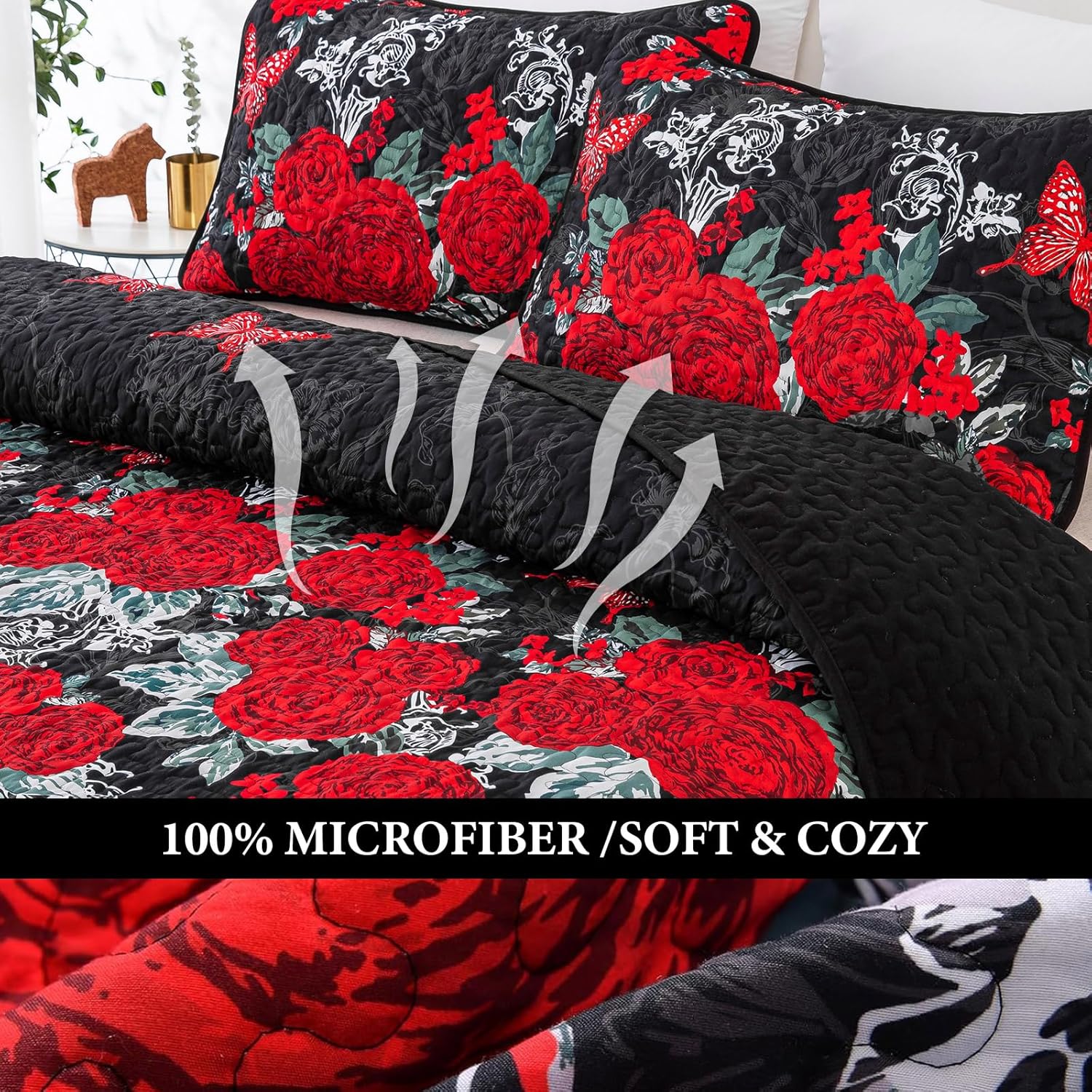 Yiran Black Floral Quilt Set King Size 3 Piece