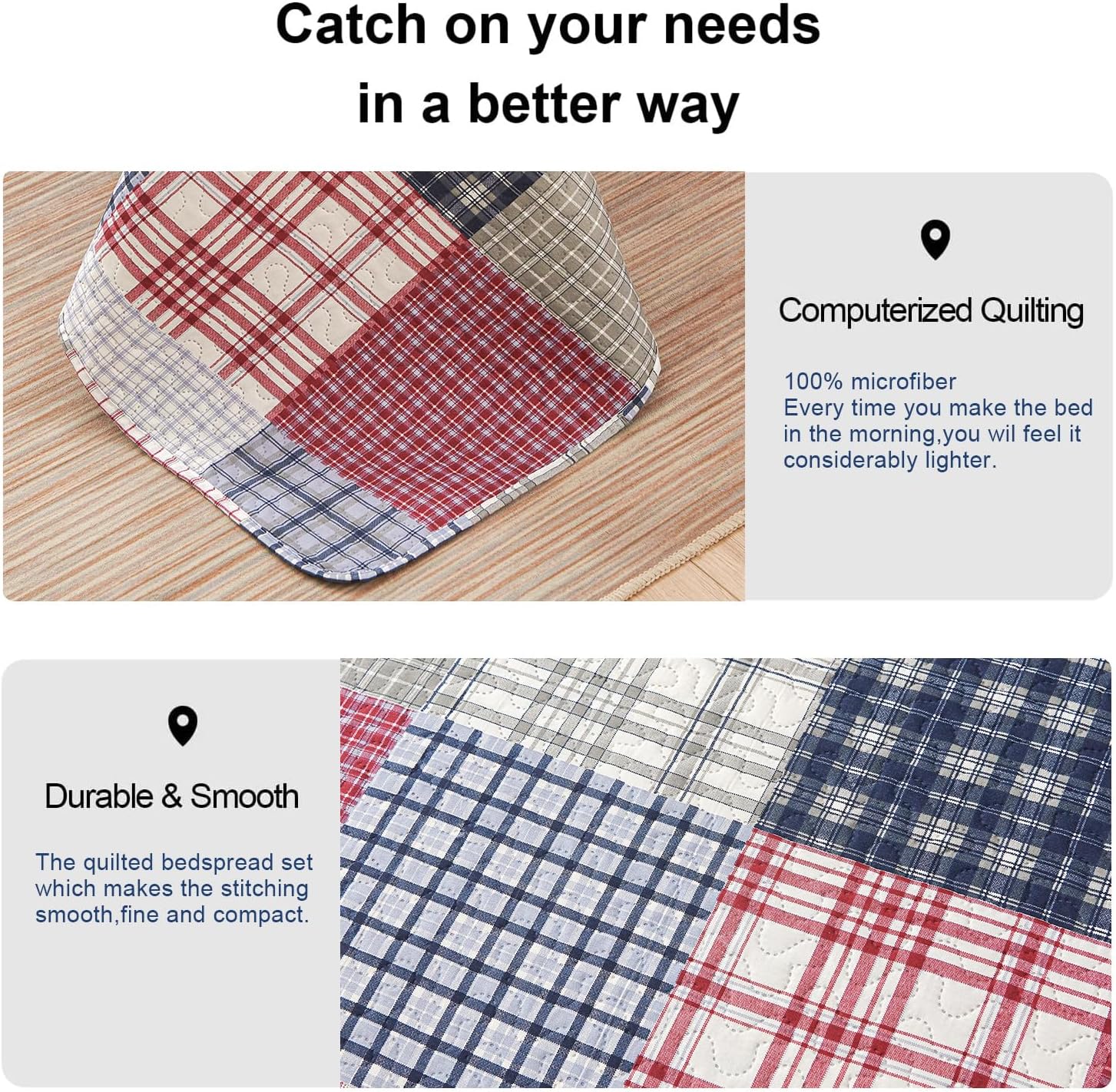 Ycosy King Size Plaid Quilt Set with 2 Pillow Shams 1
