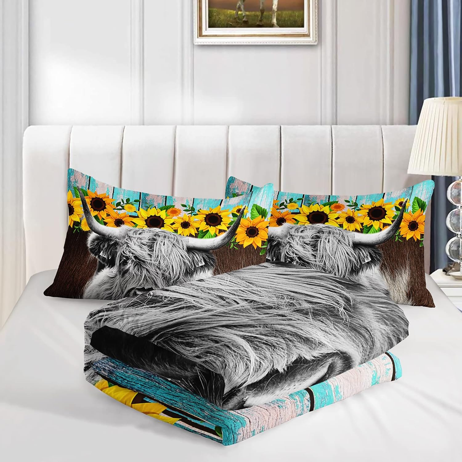 Axolotl Highland Cow Sunflowers Comforter Set Queen