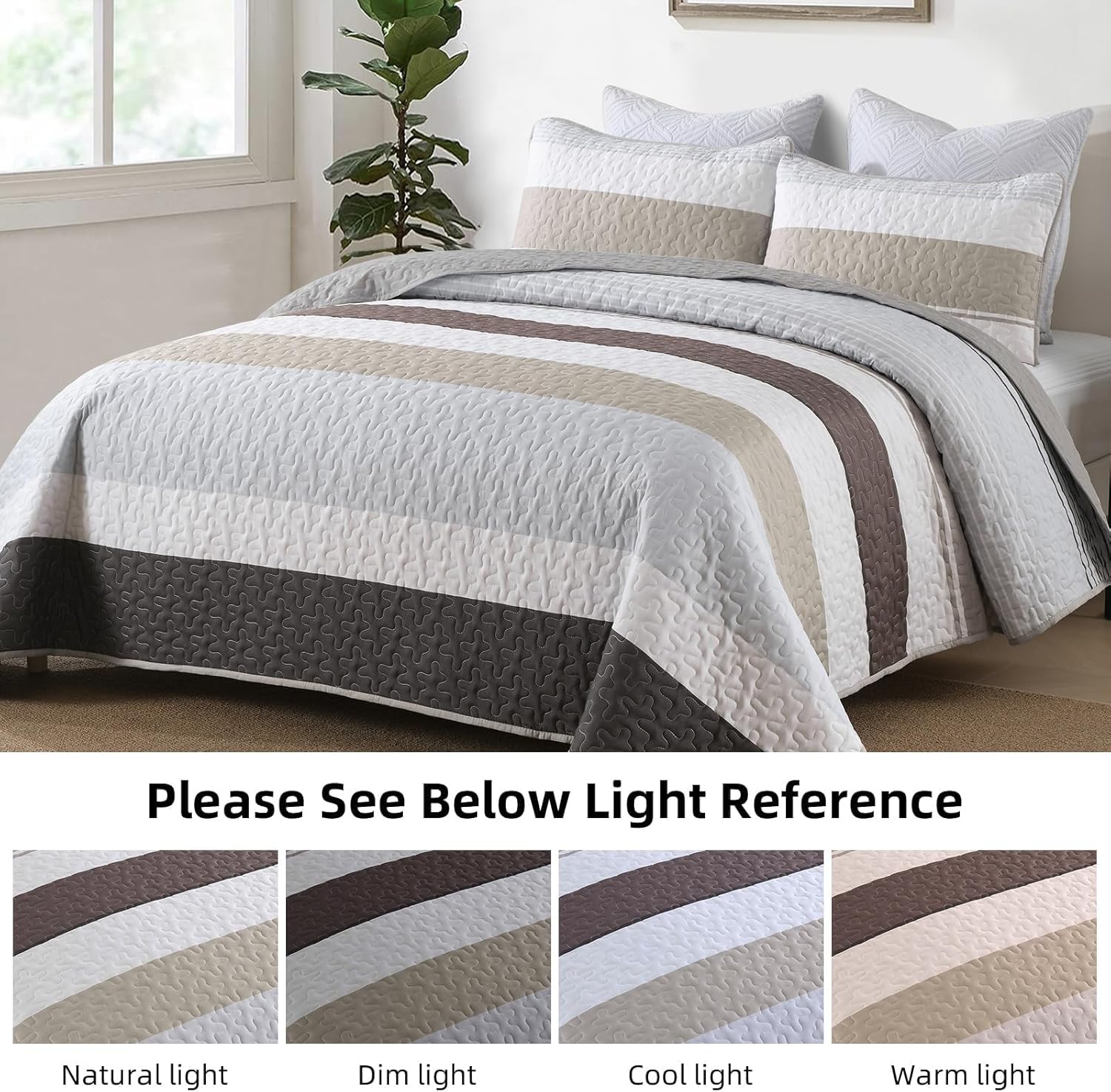 Dinjoy Grey Boho Quilt Set Queen Size Striped Patchwork 1