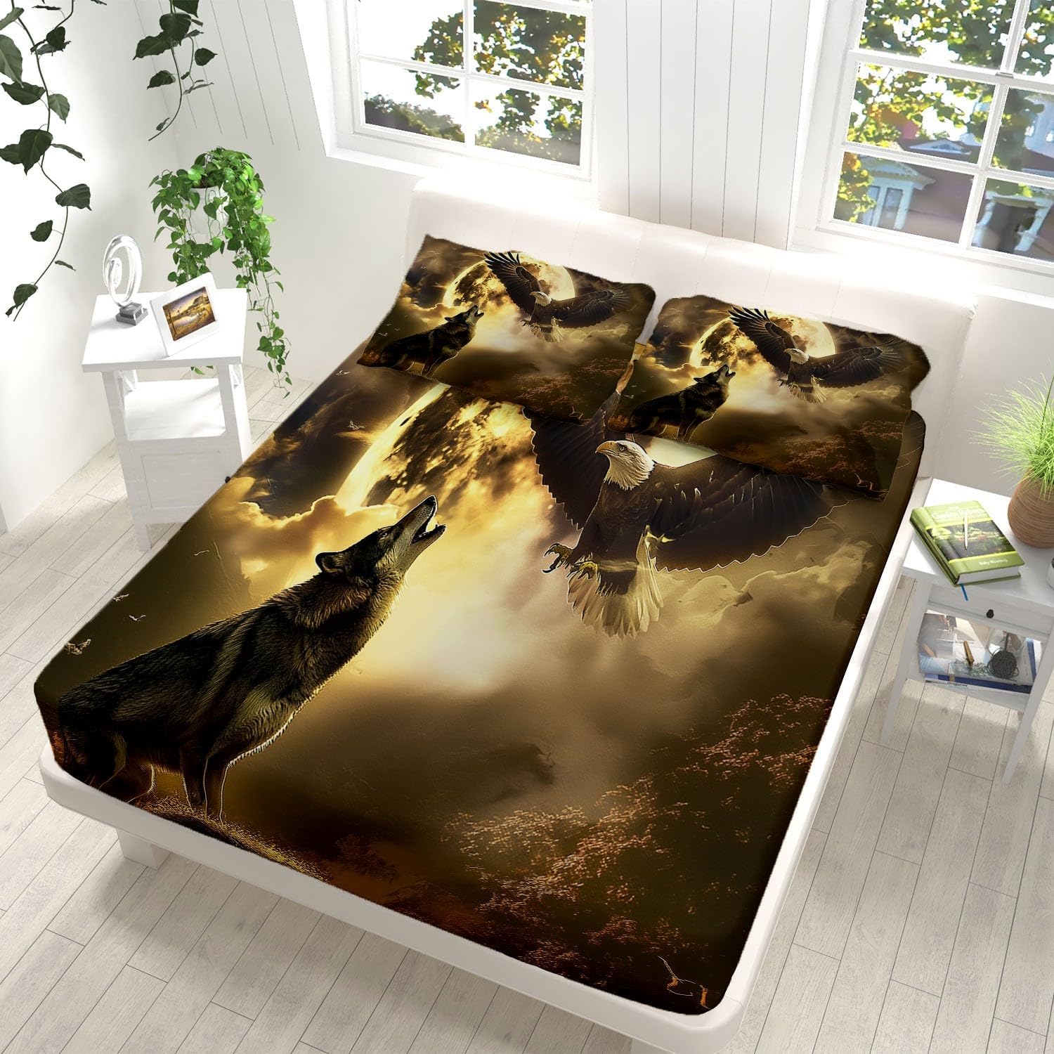 Moonlight Landscape Fitted Sheet Set with Wolf Eagle Design