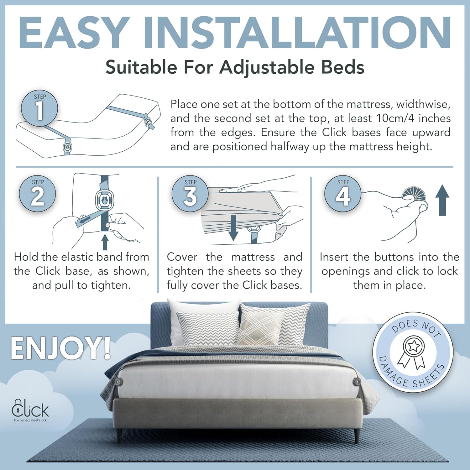 CLICK Bed Sheet Clips Straps for Adjustable Beds