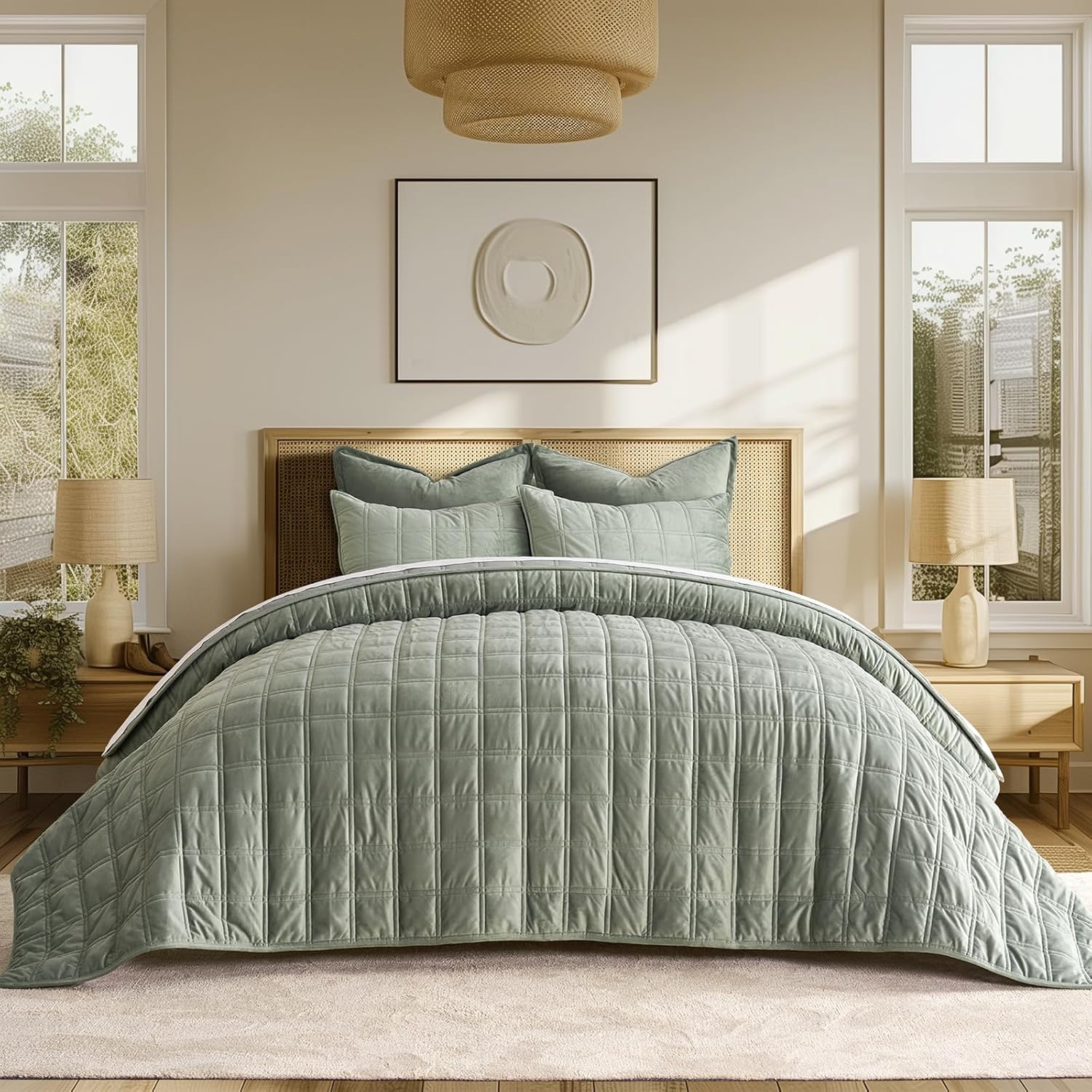EVERGRACE Velvet Quilt Set 3 Pieces King Size Sage Green