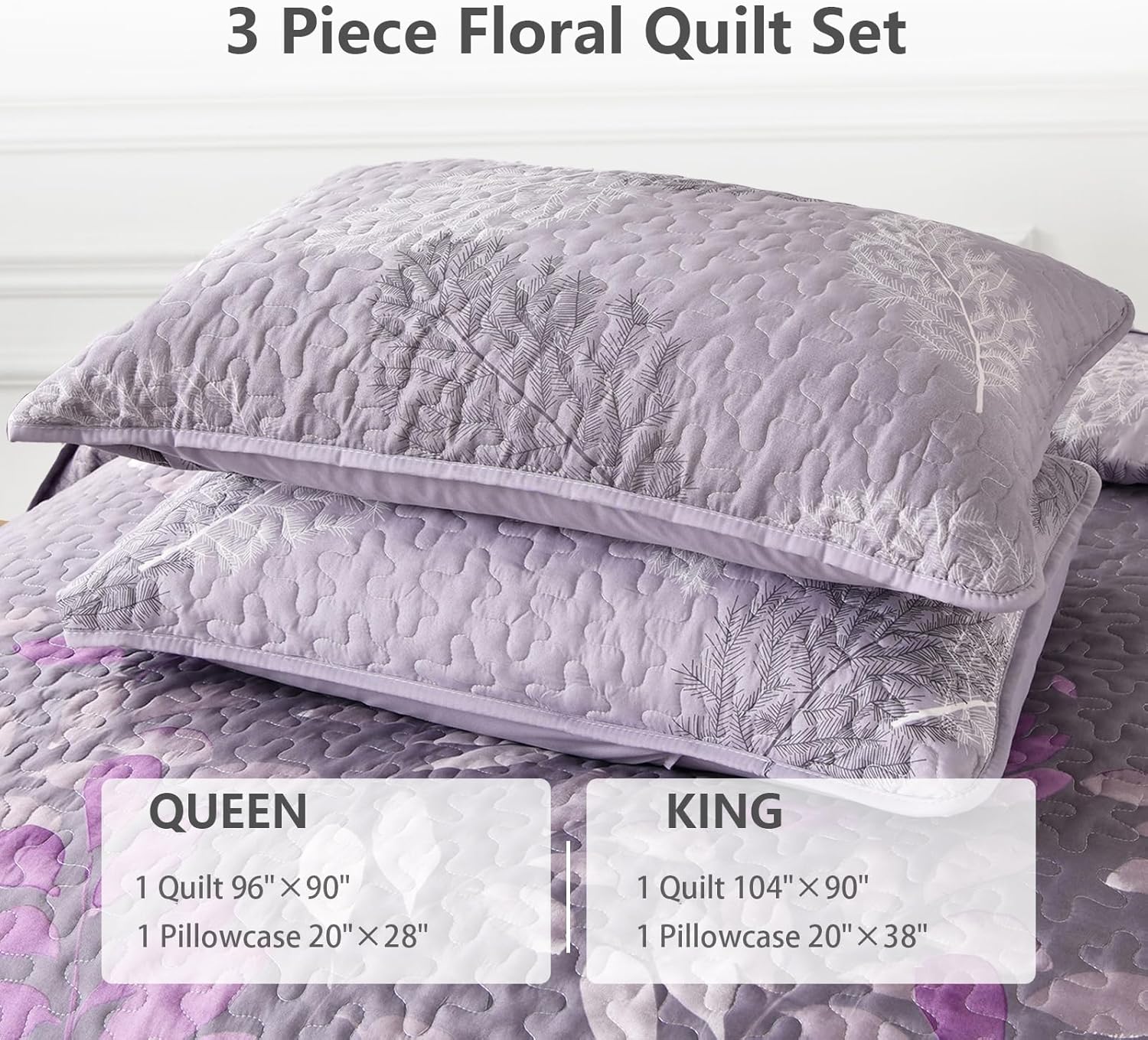 WONGS BEDDING Purple Floral Quilt Set King Size 3 Piece
