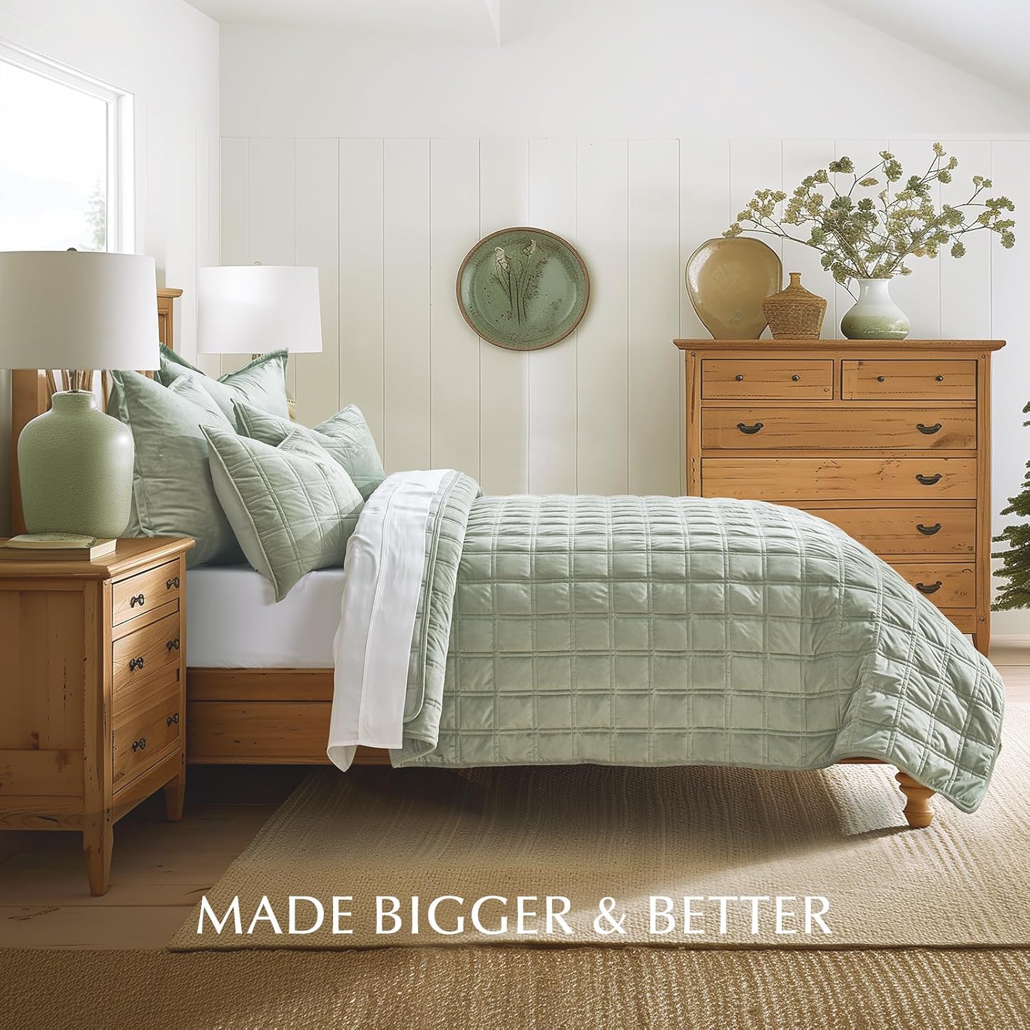 EVERGRACE Velvet Quilt Set 3 Pieces King Size Sage Green