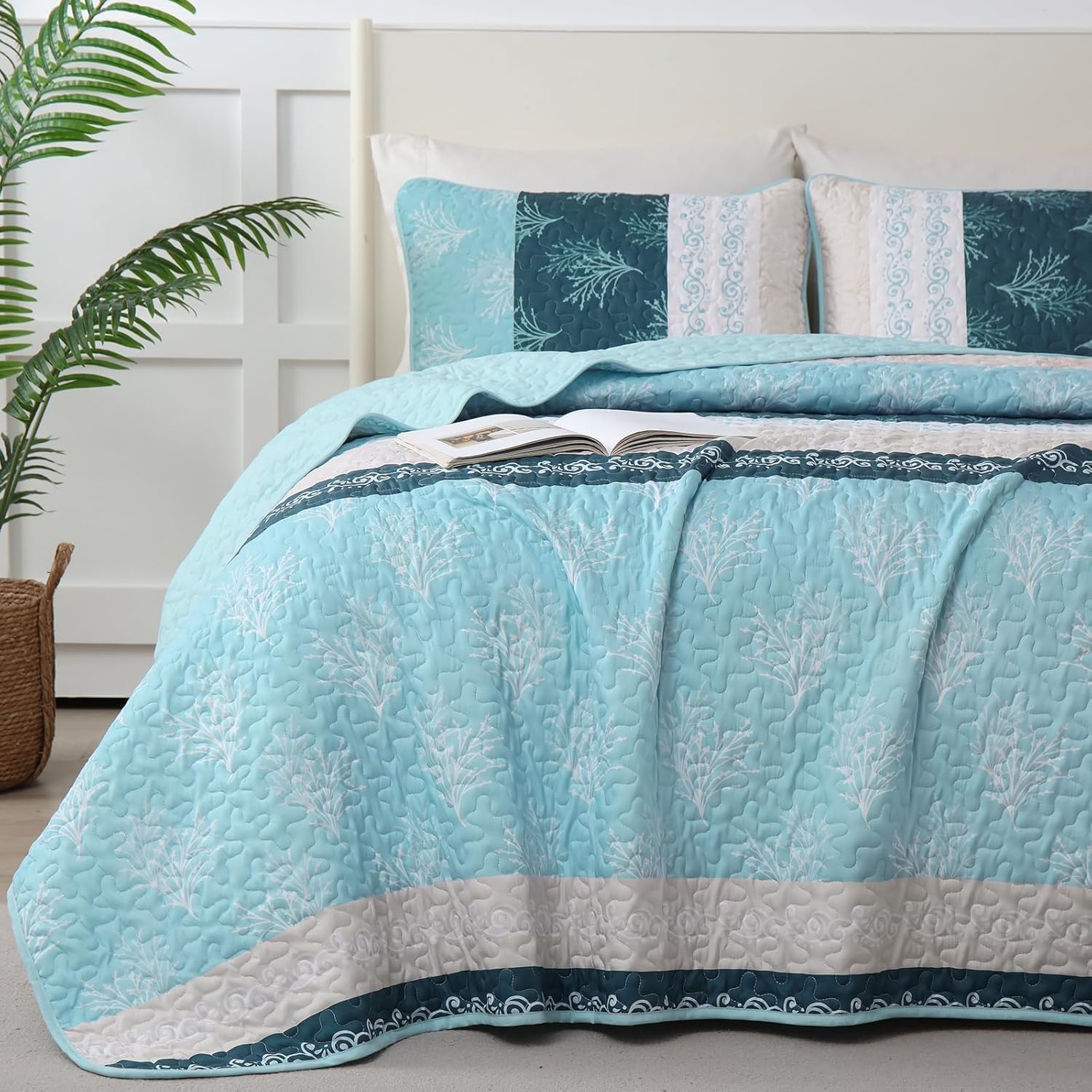 DJY Boho Striped Floral Queen Quilt Set 3 Pieces