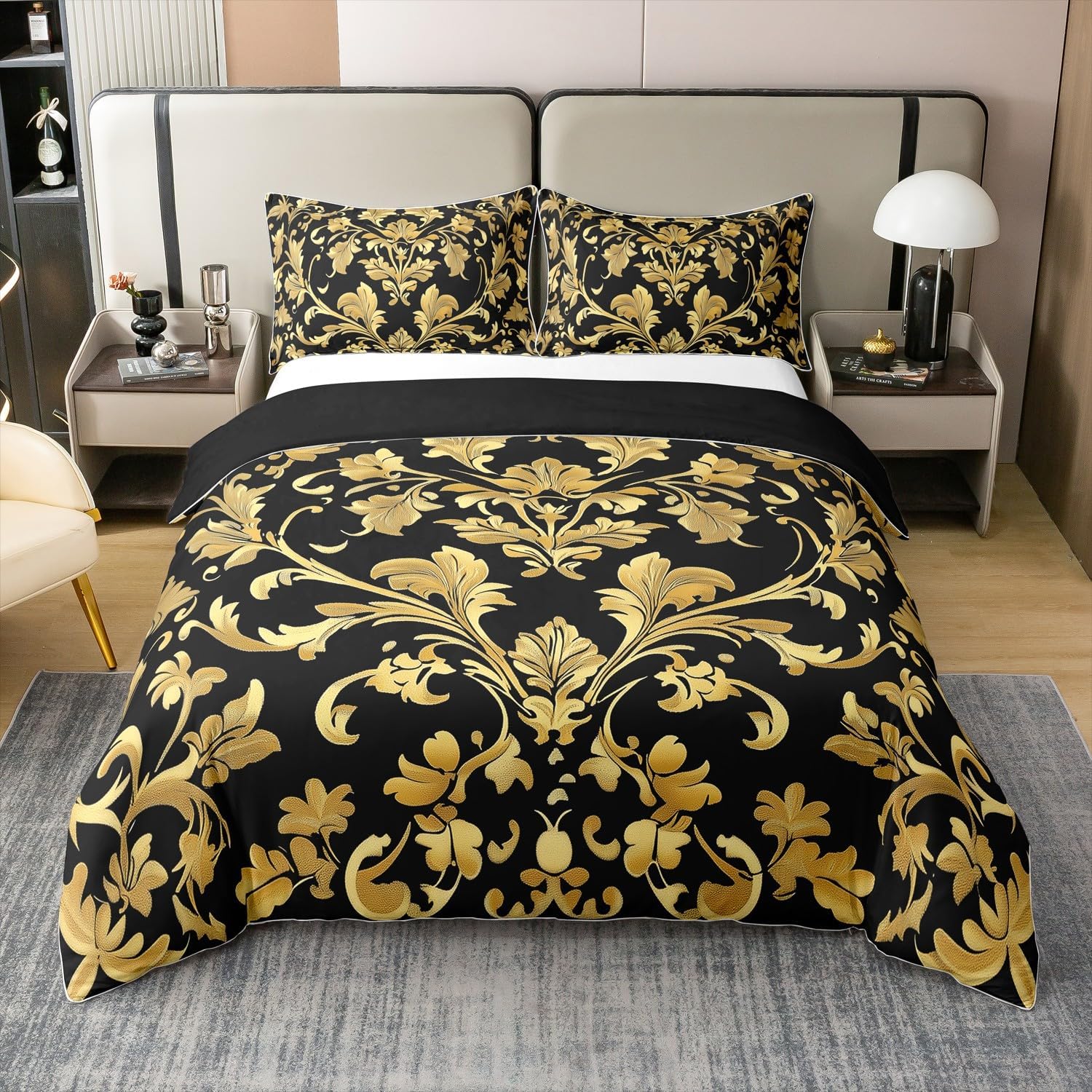 Erosebridal Gold Damask Cotton Duvet Cover Twin Set with Pillowcase 1