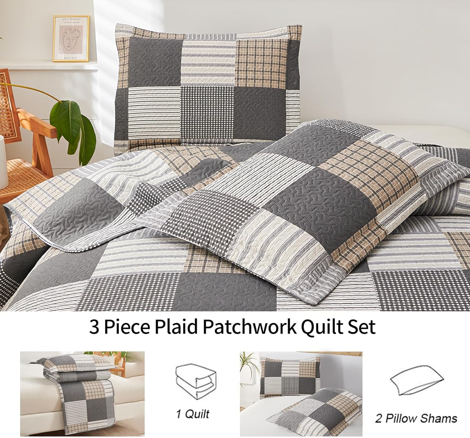 Jessy Home Plaid Quilt Set Queen Size