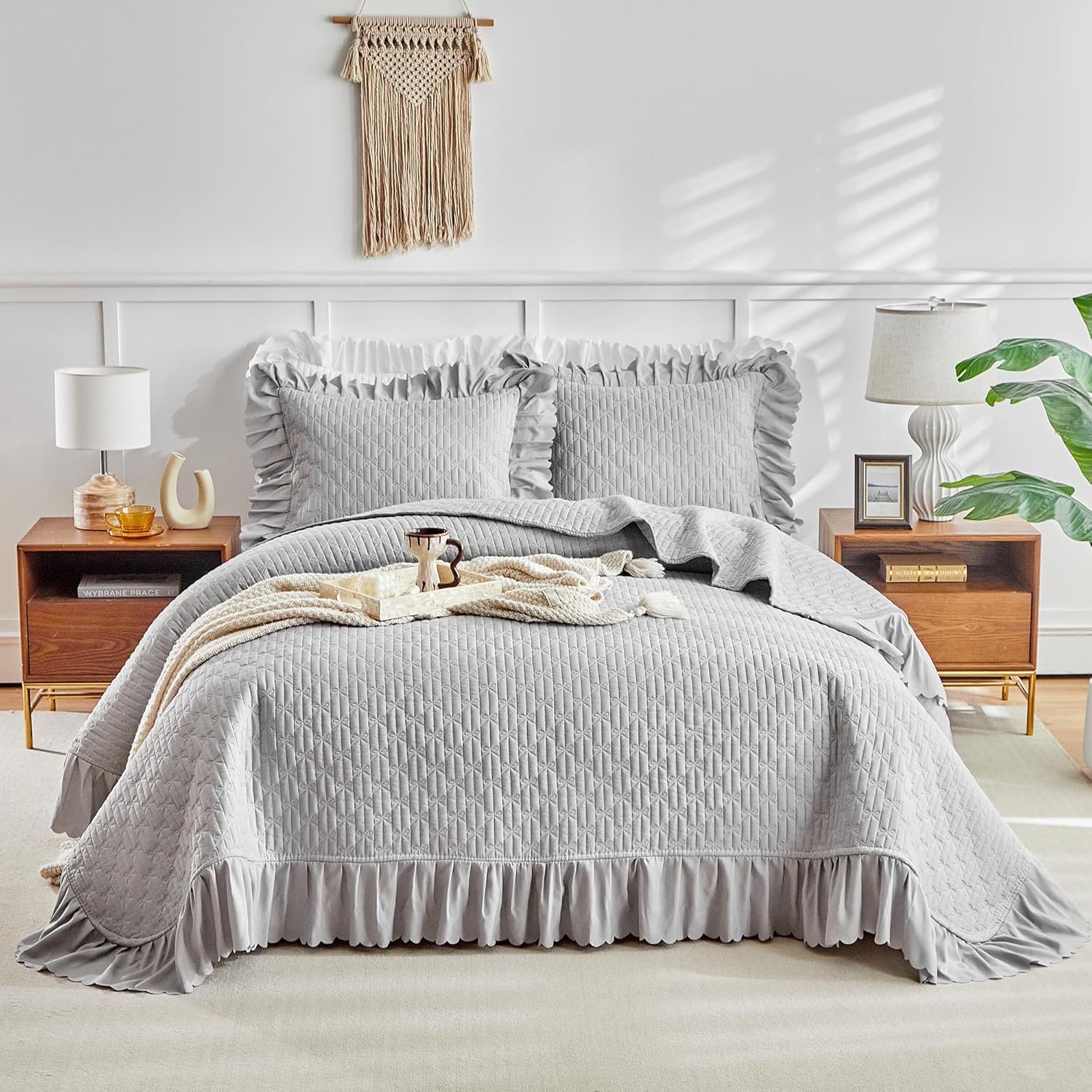 UOZZI BEDDING Ruffled Quilt Set King Size 96x108 Gray