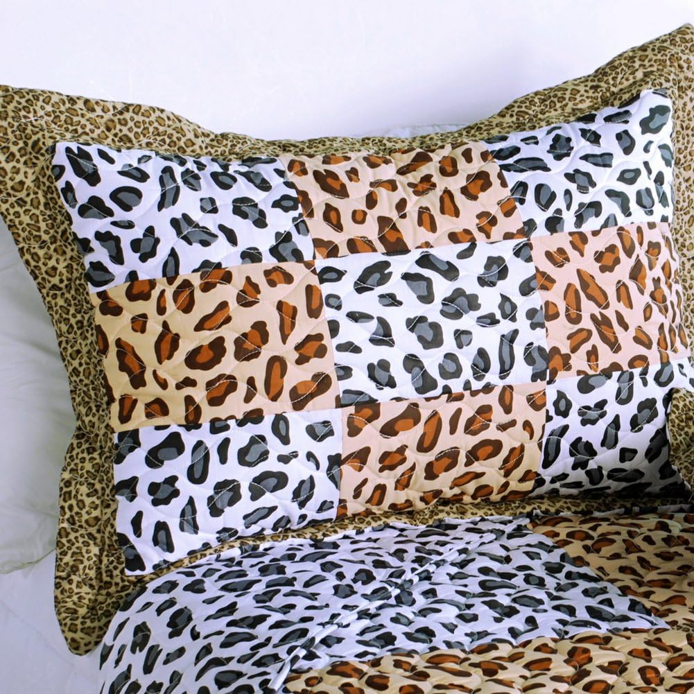 Leopard Pattern Cotton 3PC Vermicelli-Quilted Patchwork Quilt Set