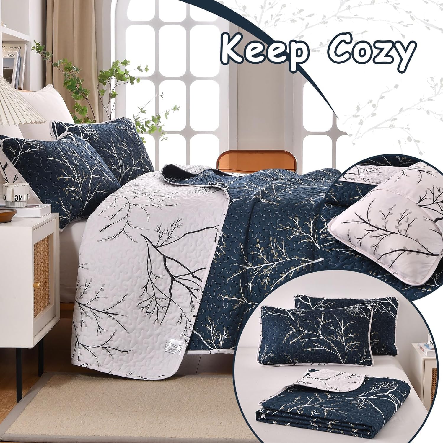 DJY 3 Piece Navy Floral Reversible Quilt Set