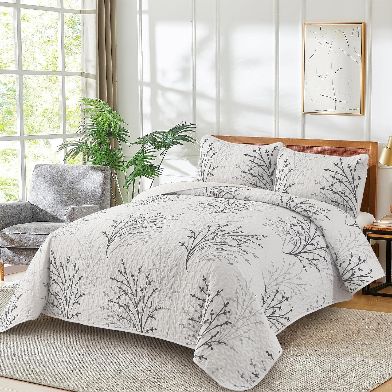 DJY White Botanical Quilt Set Queen Size 3 Piece