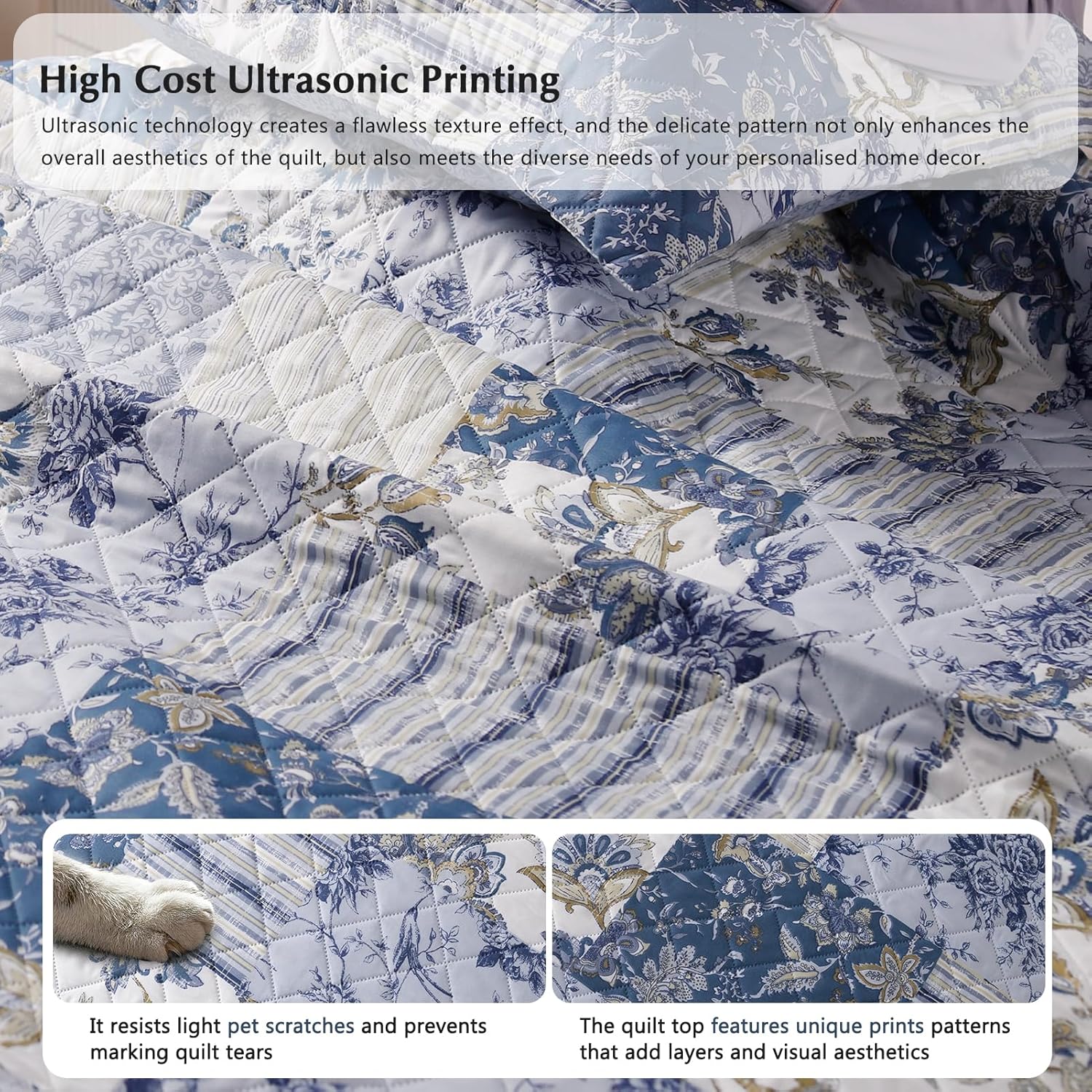 GOONE Blue Floral Quilt Set King Size Reversible Fade Resistant