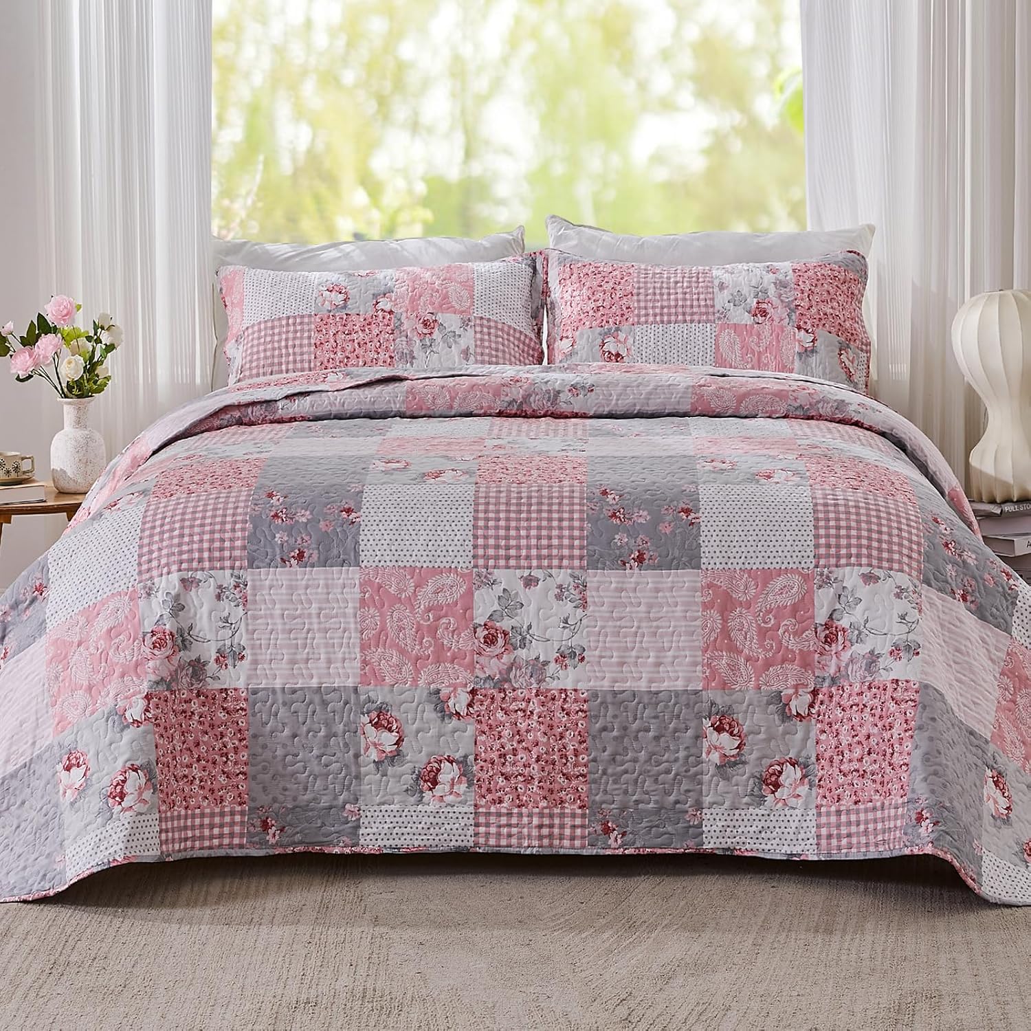 KINBEDY Oversized King Quilt Set 3 Piece Floral Patchwork