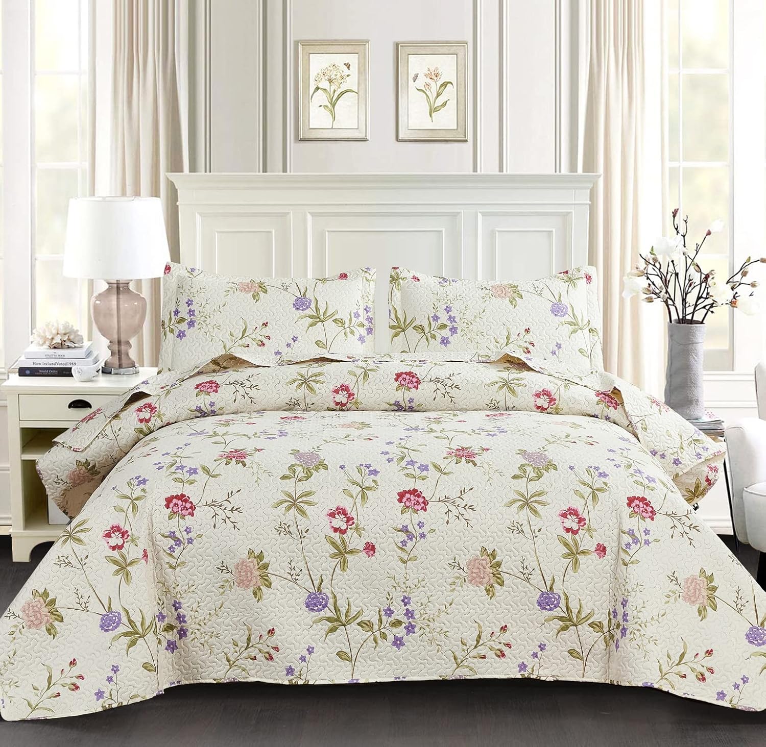 Jarson Floral Quilt Set Twin Size 3Pcs Reversible