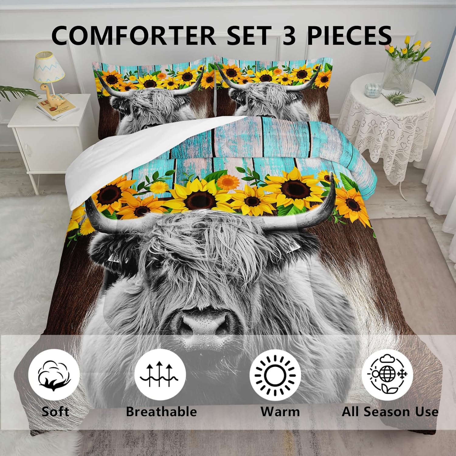Axolotl Highland Cow Sunflowers Comforter Set Queen