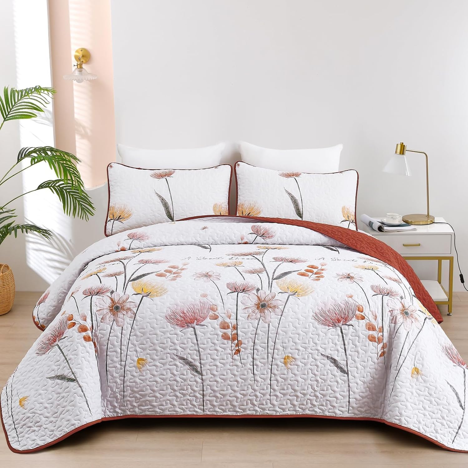 Dinjoy Floral King Quilt Set 3 Pieces Burnt Orange Yellow