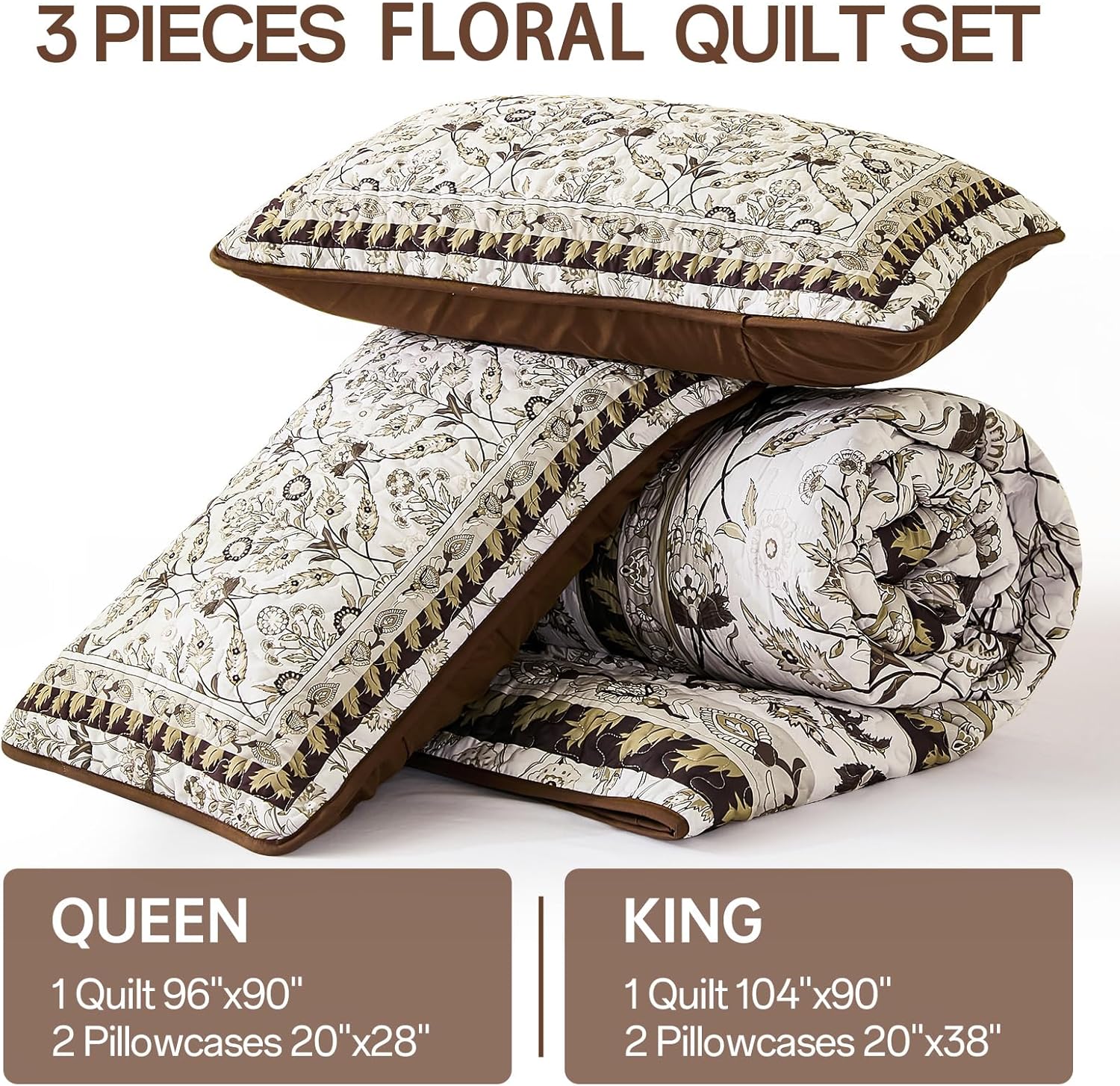 DJY Brown Floral Quilt Set King 3 Pieces