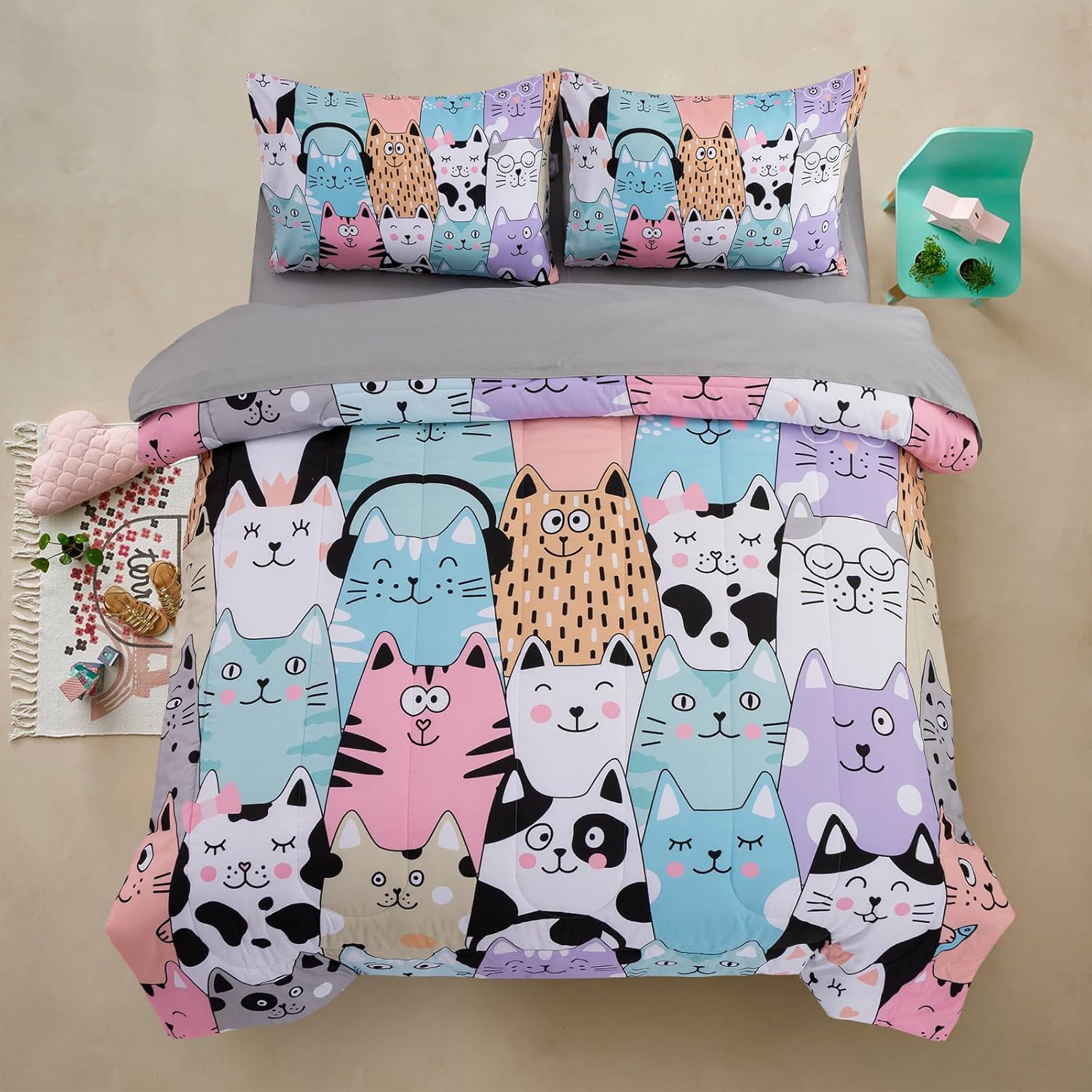 A Nice Night - Kids Boys Cartoon Cats Bedding Set 5Pcs