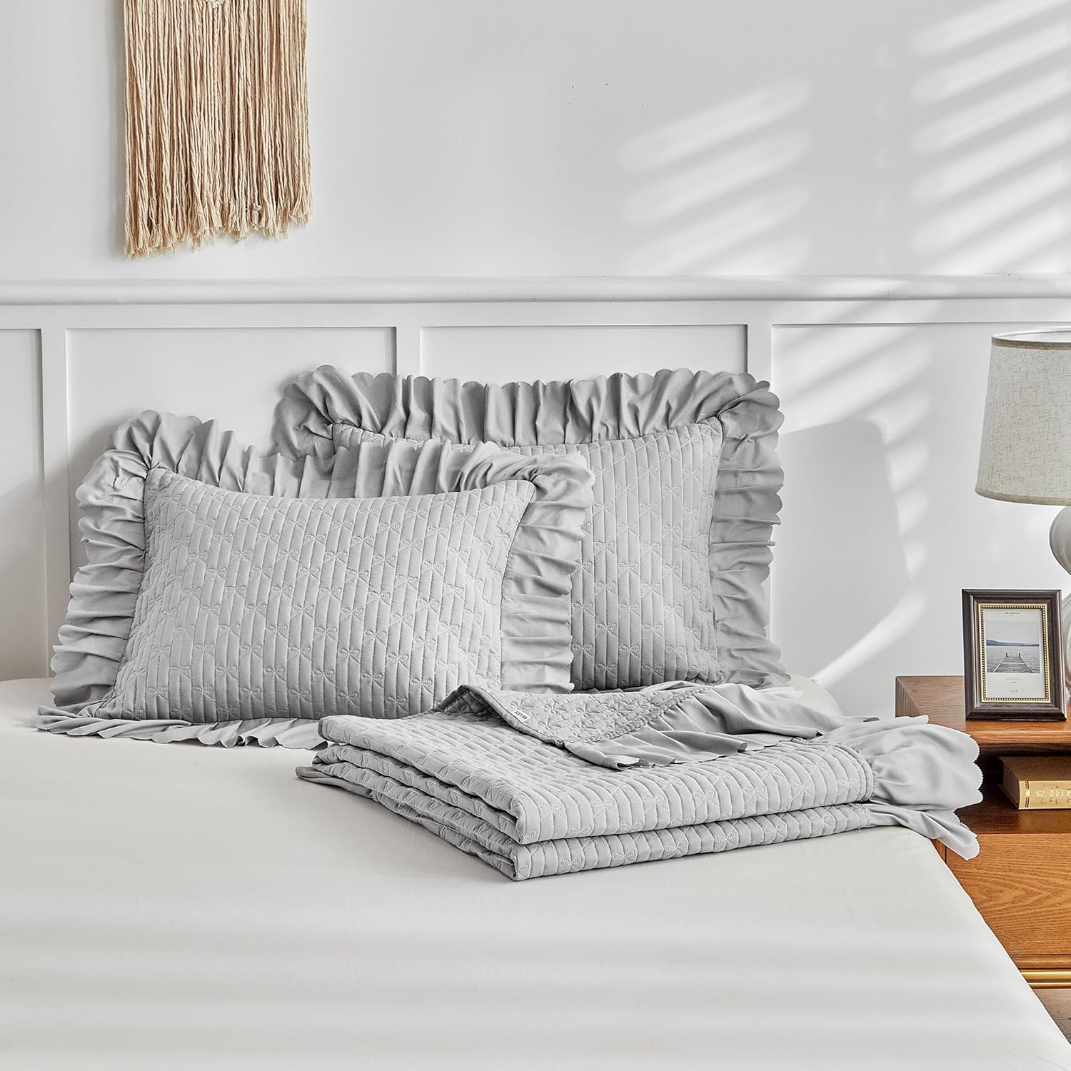 UOZZI BEDDING Ruffled Quilt Set King Size 96x108 Gray