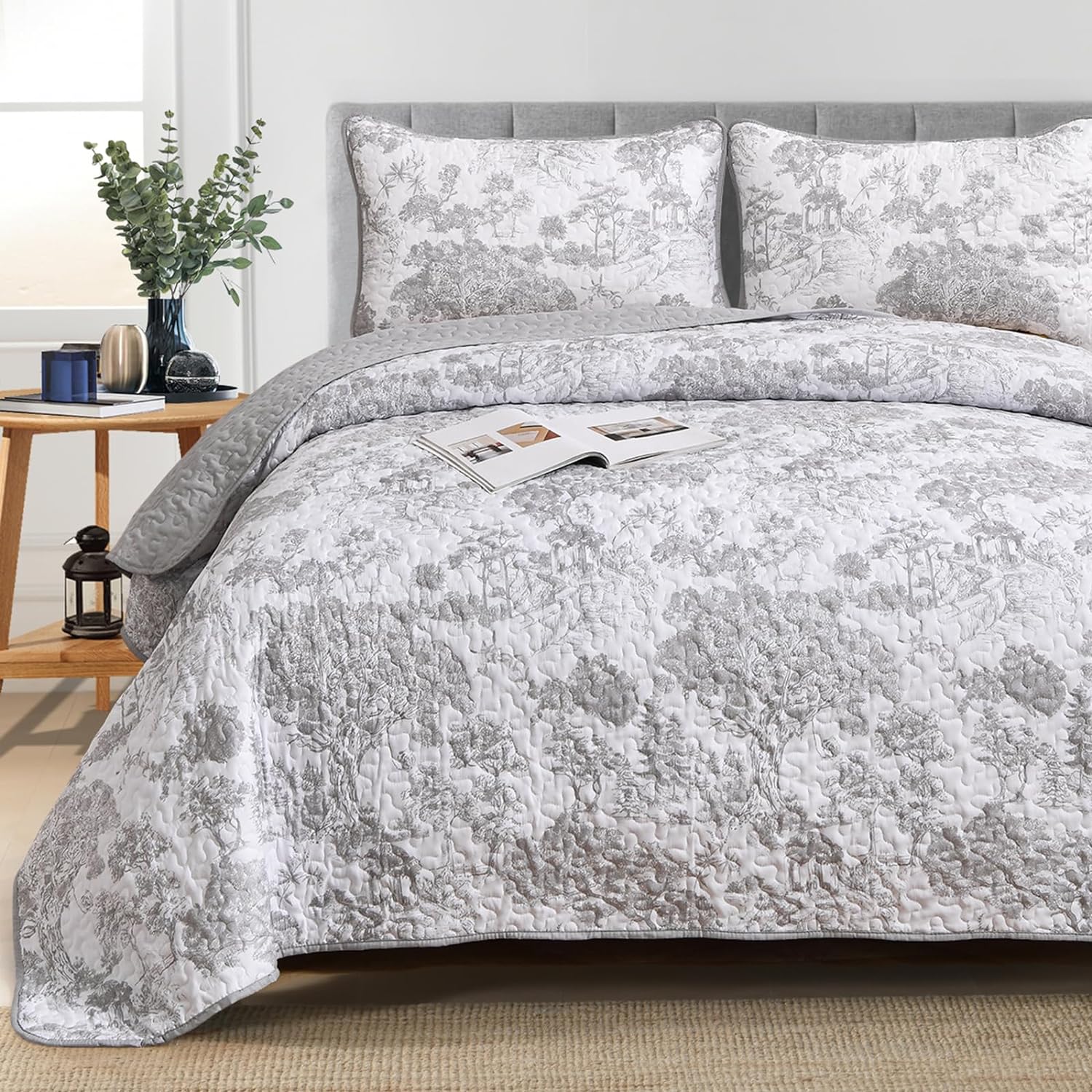 WONGS BEDDING Grey Quilt Set Queen 3 Piece Reversible