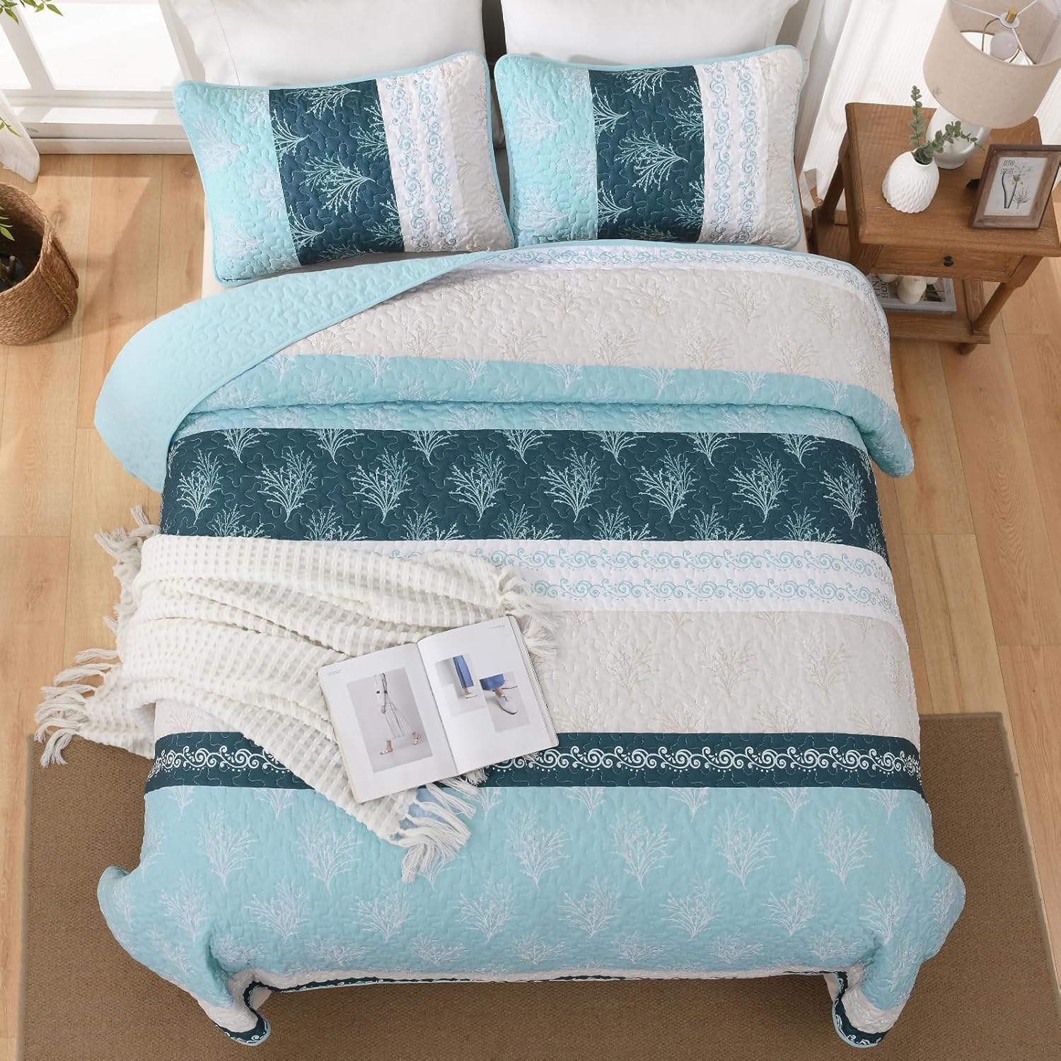 DJY Boho Striped Floral Queen Quilt Set 3 Pieces